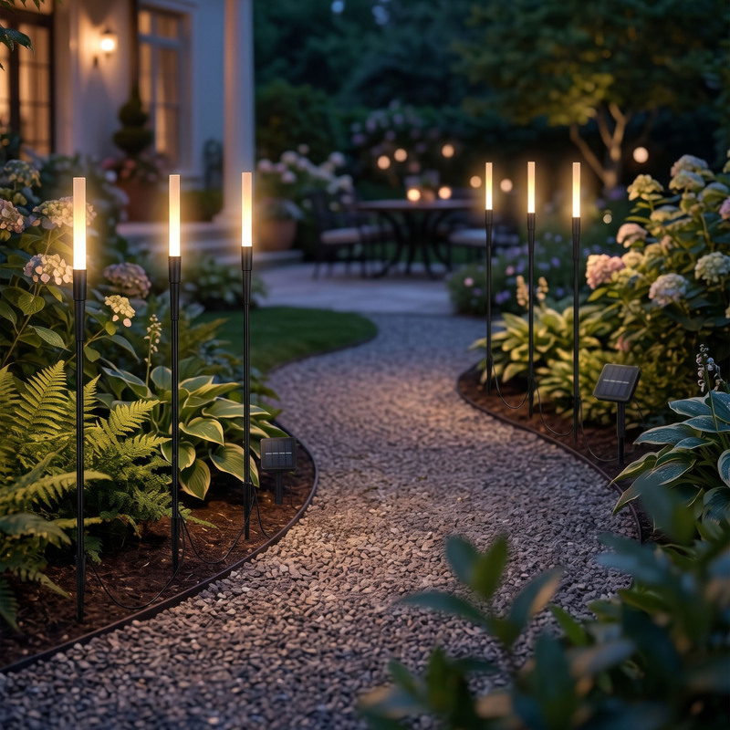 Image of Led Solar Garden Light Garden Sticks 6pcs Set Outdoor Warm White 3000k With Dusk Sensor Solar Lights Garden Path Balcony Terrace Lighting