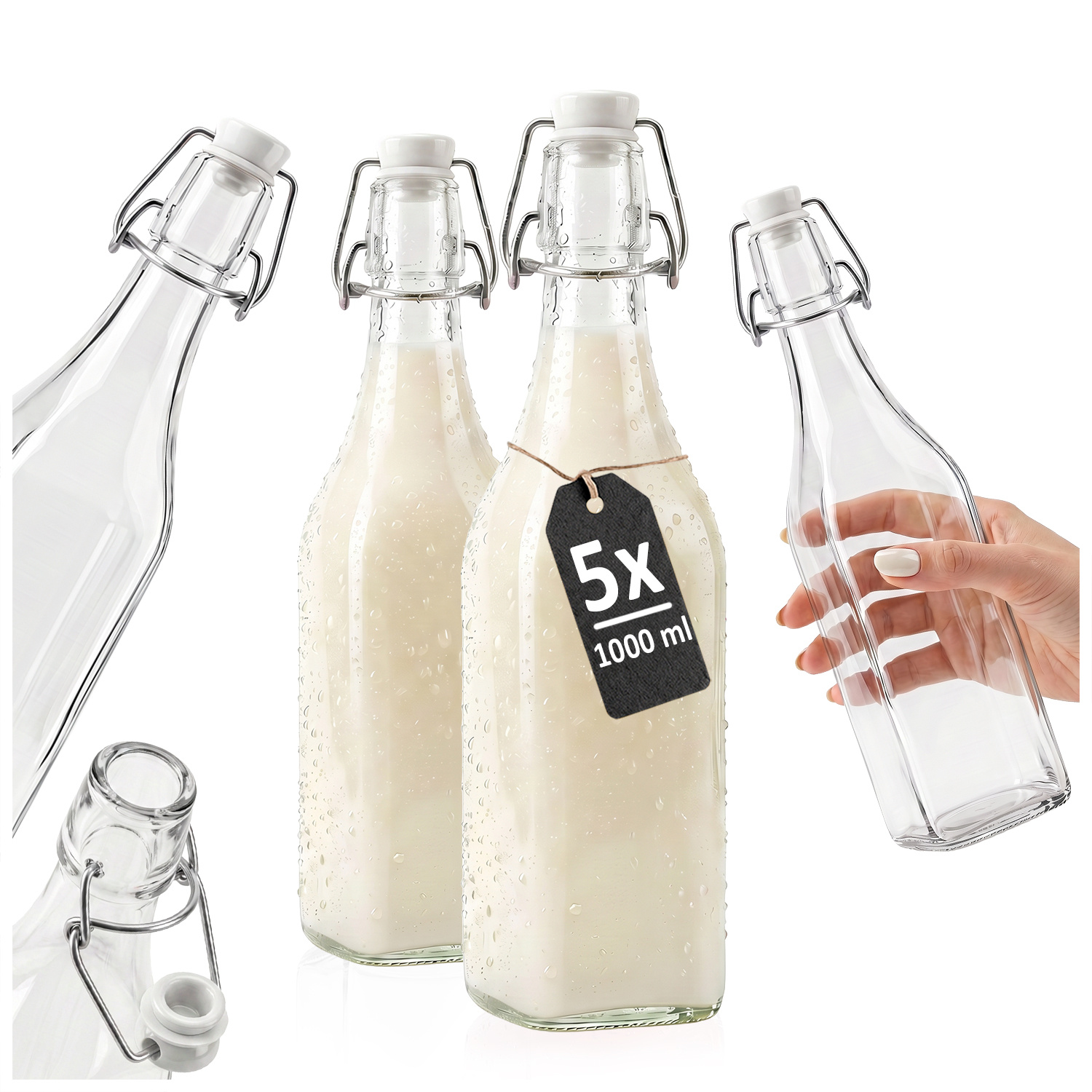 TEMU Bouteille carrée en verre 1L pour lait, eau, limonade, boissons, jus, jus de lait, bouteilles en verre avec couvercle à mécanique.