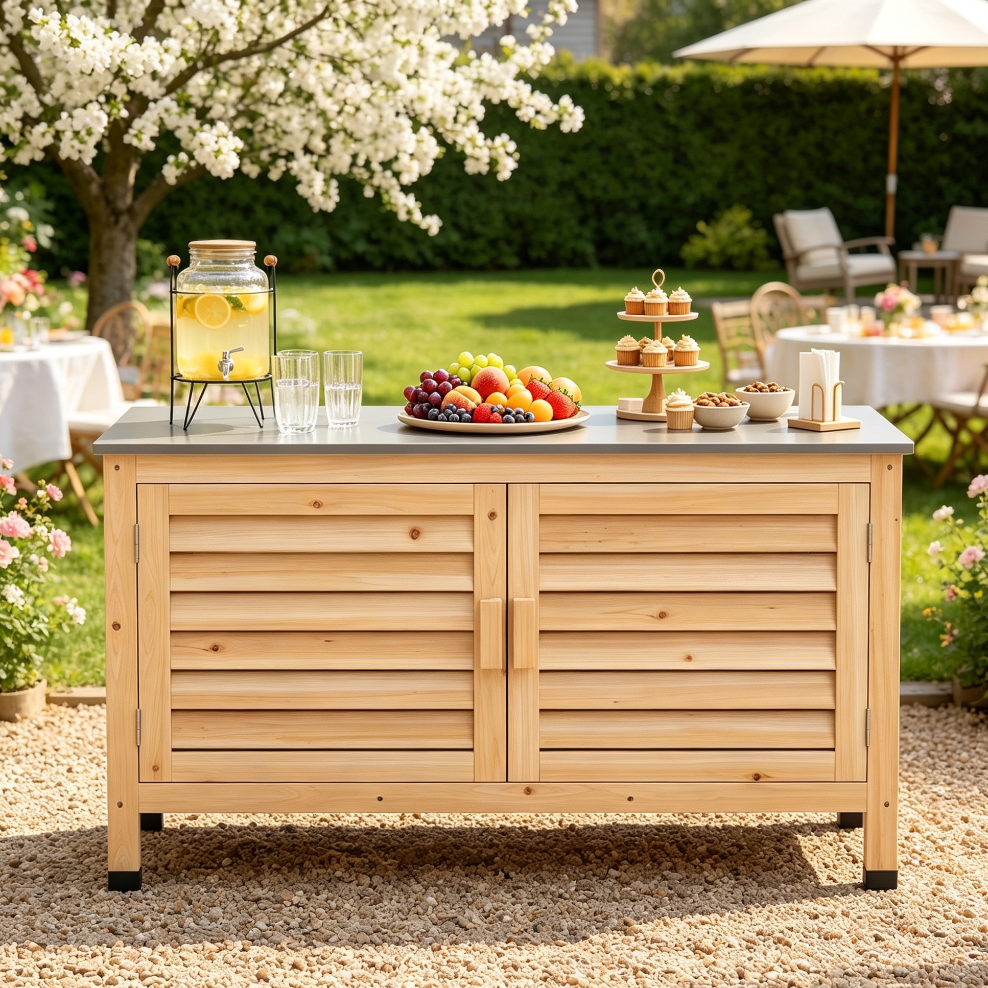 Image of Storage Cabinet With Louvred Doors, Garden Cabinet With Stainless Steel Worktop, Tool Cabinet With L-shaped Shelf, Balcony Cabinet For Garden & Patio