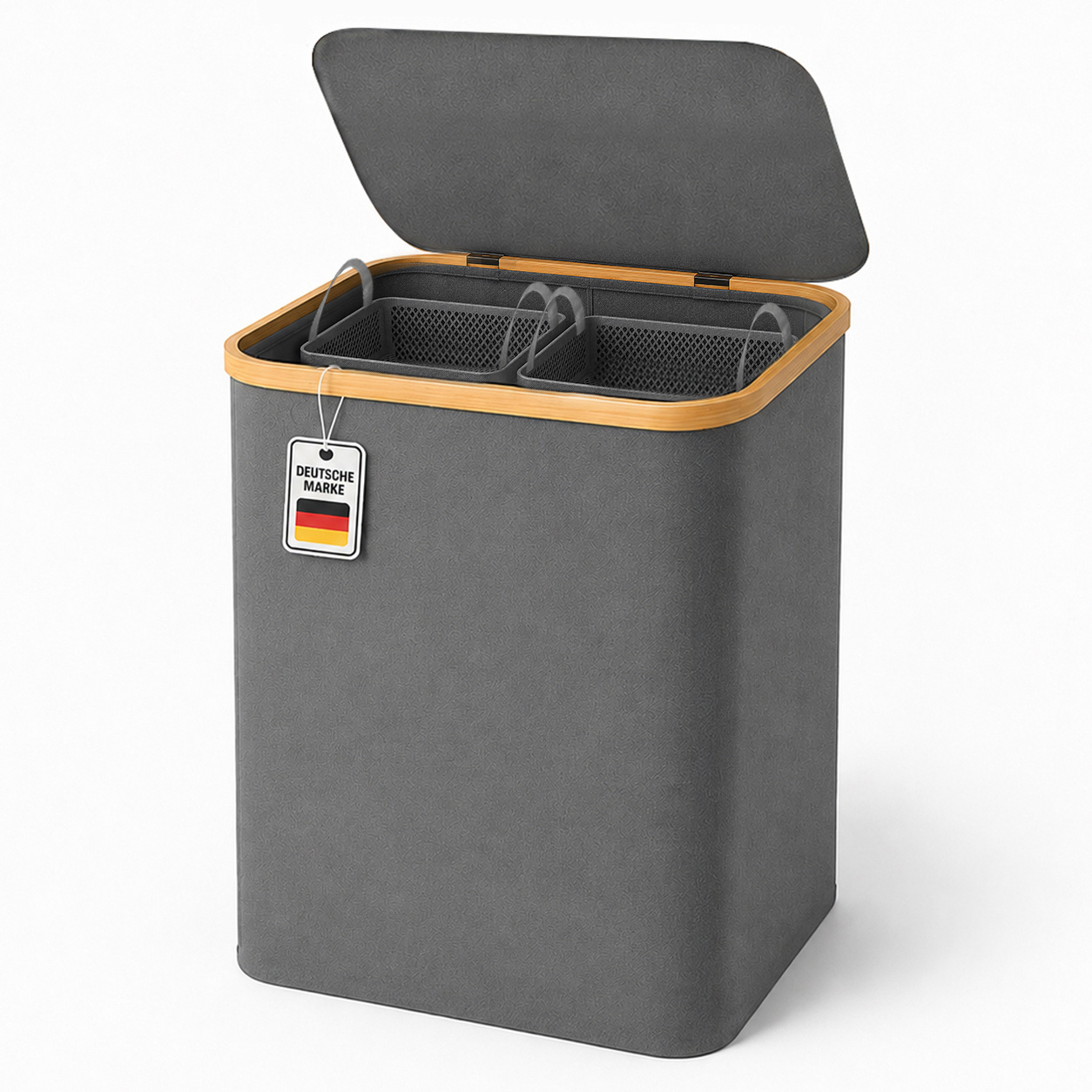 Xxl 150l Bamboo Laundry Basket With Folding Lid And 2 Compartments Sorter