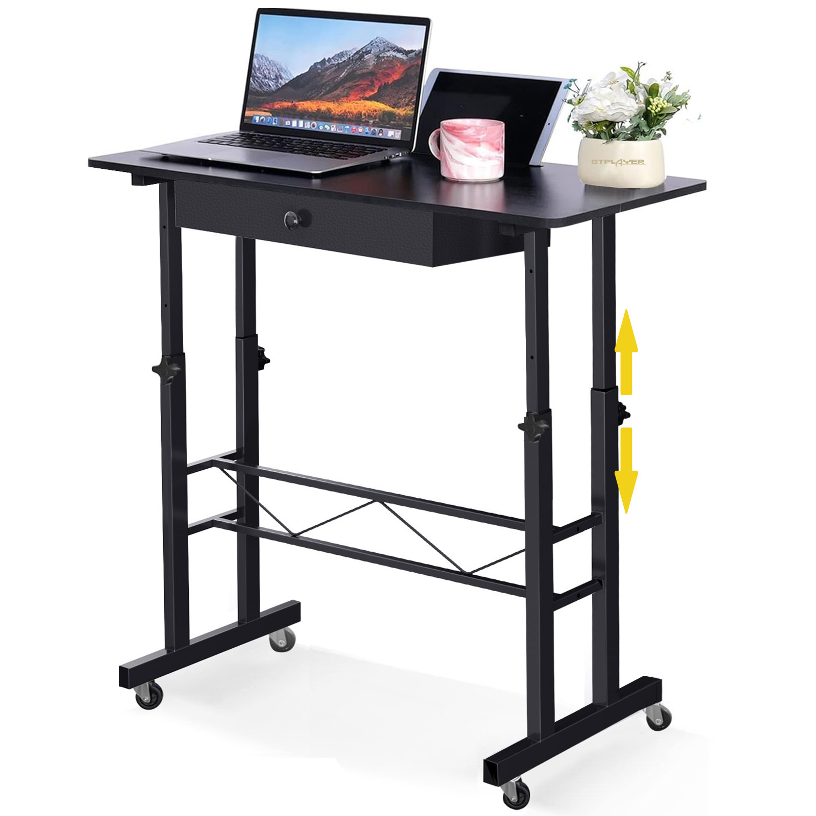 Height-adjustable Desk, Computer Desk Laptop Table With Drawers, 80 X 50 X (73-115) Cm, Standing Desk With Wheels
