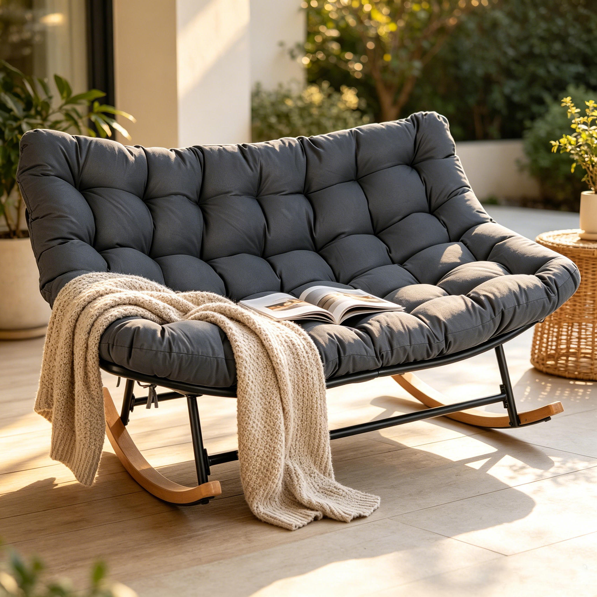 Image of Egg-shaped Outdoor Rocking Chair For 2 People With Thick Padded Cushion And Metal Frame, Double Outdoor Lounge Chair