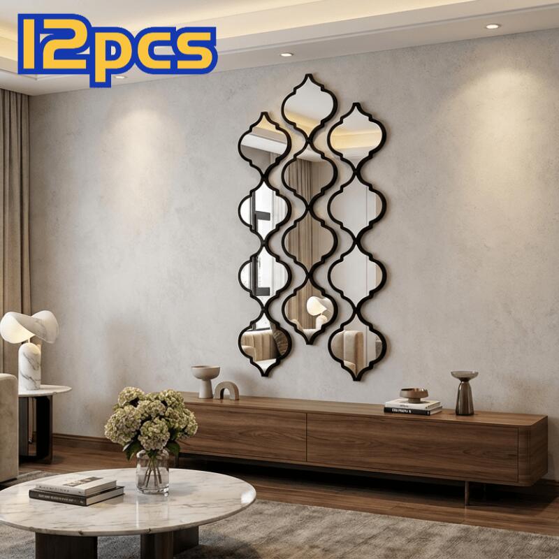 TEMU 9pcs/12pcs Large Moroccan Wall Mirror Panels - Black Suitable For Bathroom, Living Room, Entryway - Plastic Frame With Panels, Wall-mounted For