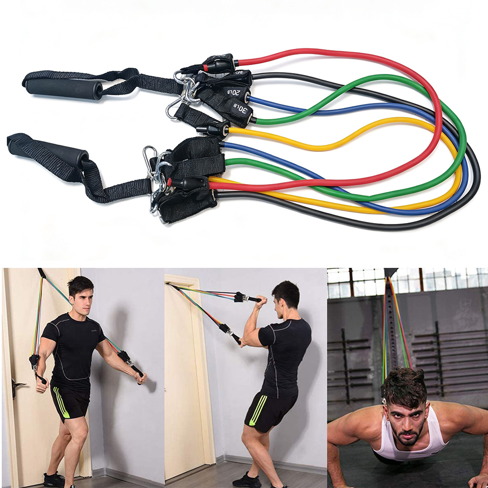 Set Of Resistance Bands, Including 5 Stackable Exercise Bands With Door Anchor, Ankle Strap, Carry Bag And Guide Ebook - For Strength Training, Physical Therapy, , Yoga
