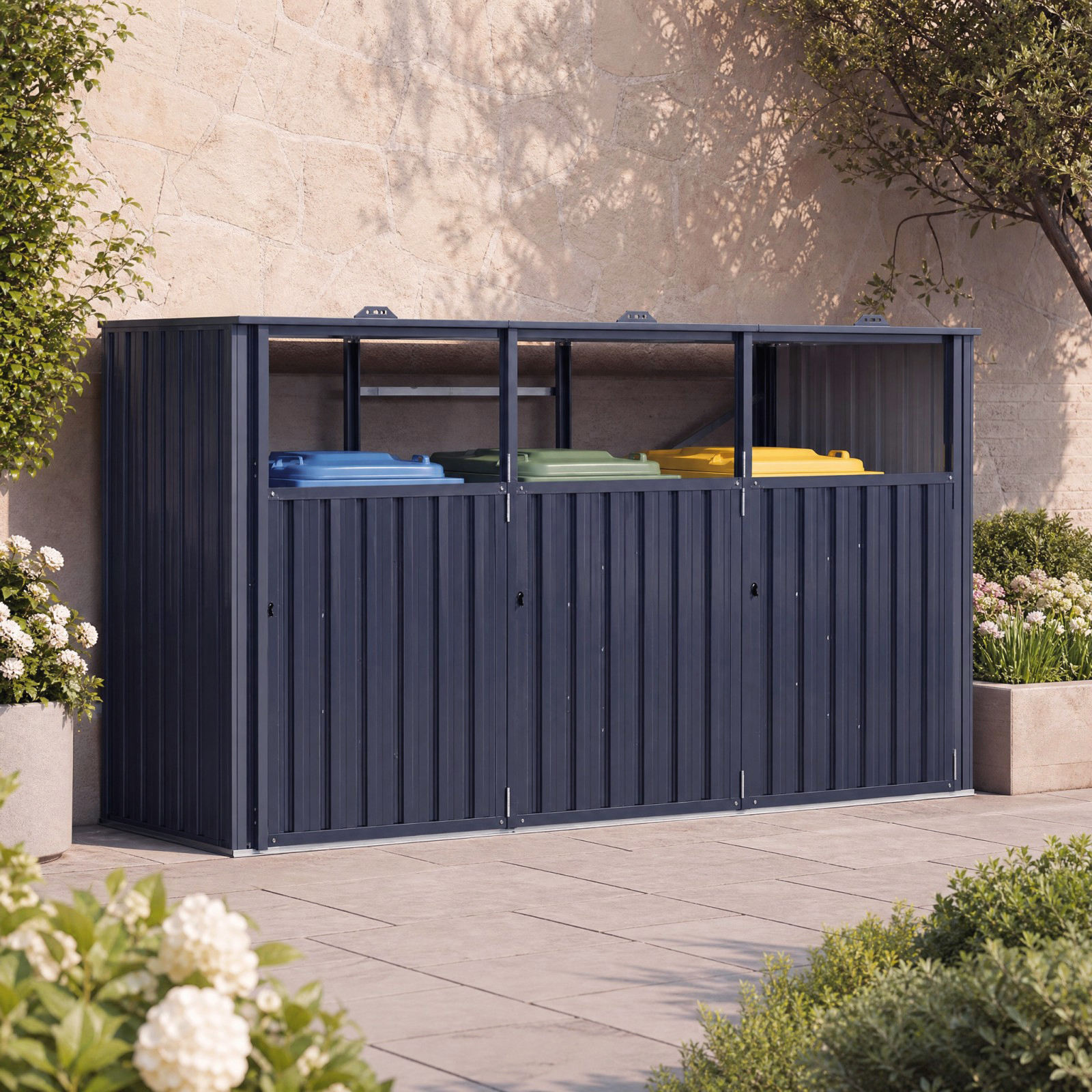 3-unit Wheelie Bin Enclosure, Galvanized Steel Bin Storage, Wheelie Bin Screen For 3 Bins With Lockable Doors & 3 Lids, Suitable For Garden, Garage & Warehouse, Grey