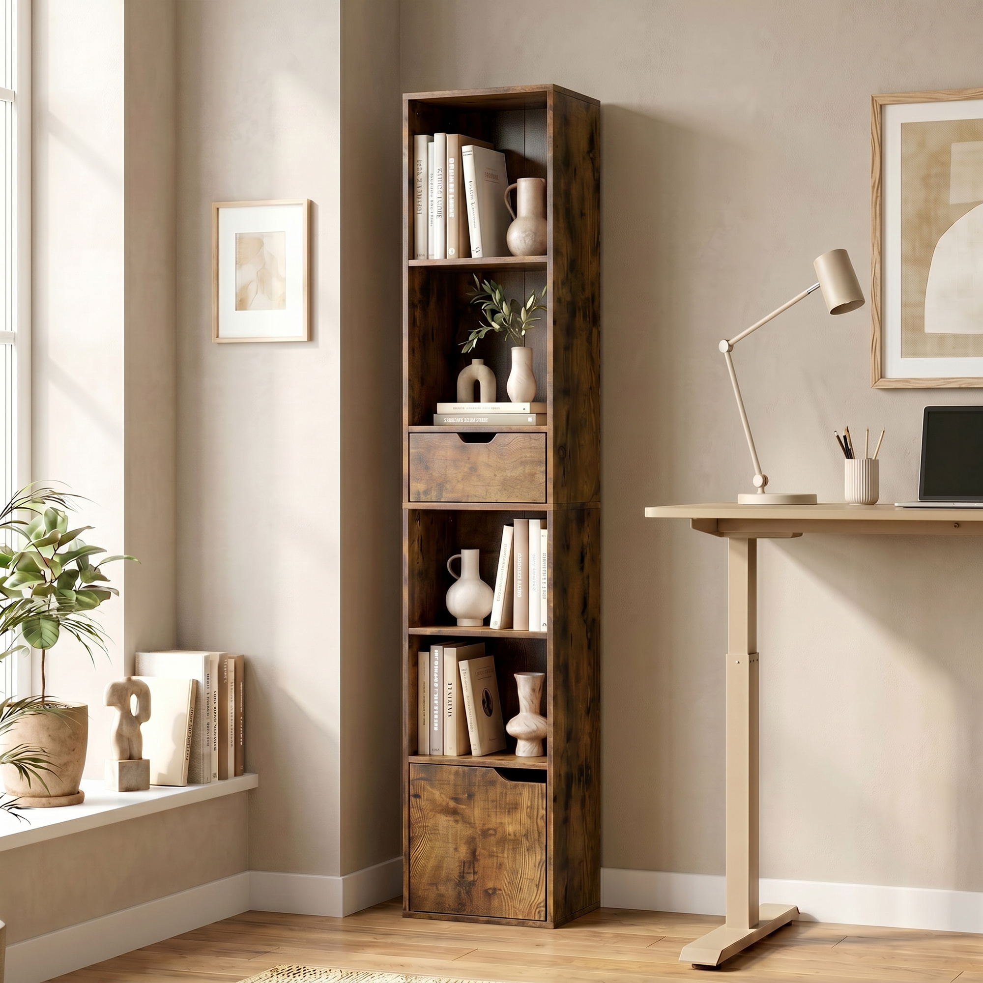 Bookshelf With 6 Levels, Narrow Stand With Drawer, Adjustable Shelf, Cabinet Door, Decorative Storage Shelf For Living Room, Home Office, Bedroom, 30 X 24 X 158 Cm, Brown
