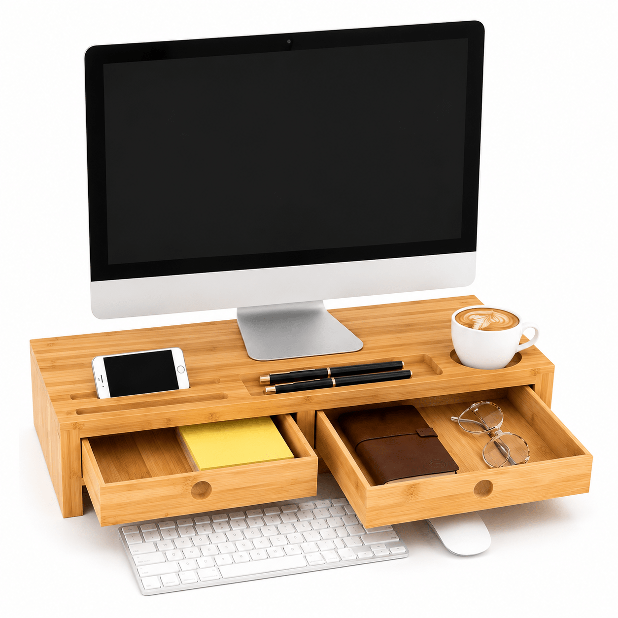 Bamboo Monitor Stands With 2 Drawers, Ergonomic Screen Elevator, Desk Organizer With Phone Holder & Cable Pass-through, Pc Laptop For Office Home