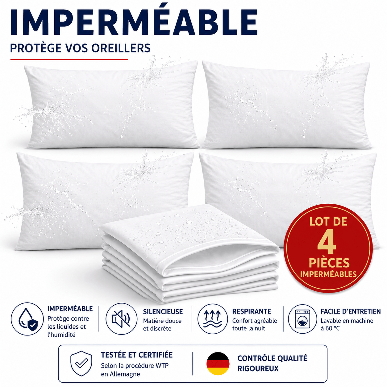 TEMU Lot de 4 housses de coussin imperméables avec fermeture éclair - Respirantes, douces, silencieuses et faciles à laver, protections de coussin