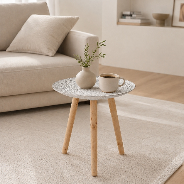 TEMU Mesa Auxiliar Redonda de Madera con Diseño , Mesa Decorativa para Salón, Dormitorio o Recibidor, Mesa de 40 cm con Patas de Madera , Estilo