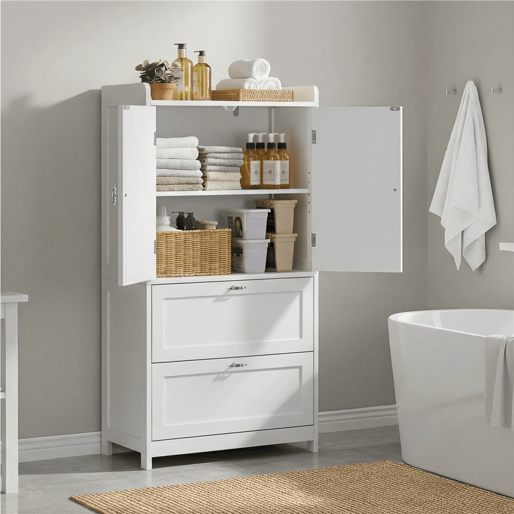 Image of Costoffs Bathroom Cabinet 60 × 30 × 115 Cm Freestanding Storage Cabinet With 5-stage Adjustable Shelf 2 Doors & 2 Drawers Bathroom Cabinet Stand Shelf For Bathroom/kitchen/living Room