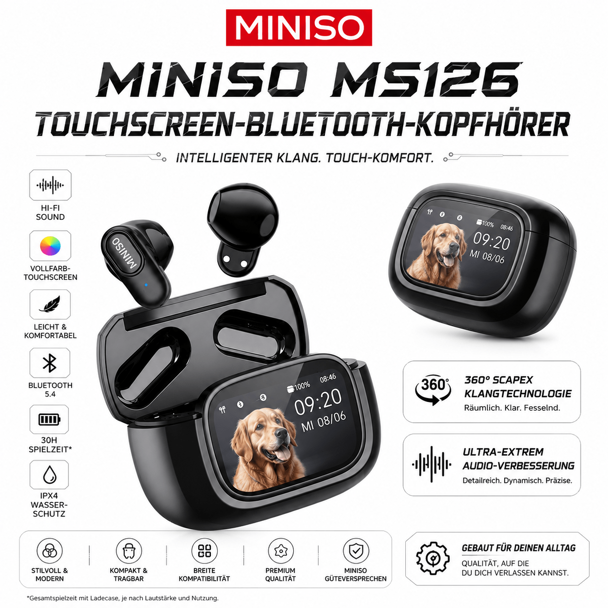 Image of Miniso Ms126 New Touch Ai Wireless Earbuds, Led Screen With Dynamic Wallpaper, Bluetooth 6.0 Low Latency Gaming Headphones, Active Noise Reduction, Long , Suitable For Business, Sports And Daily Use