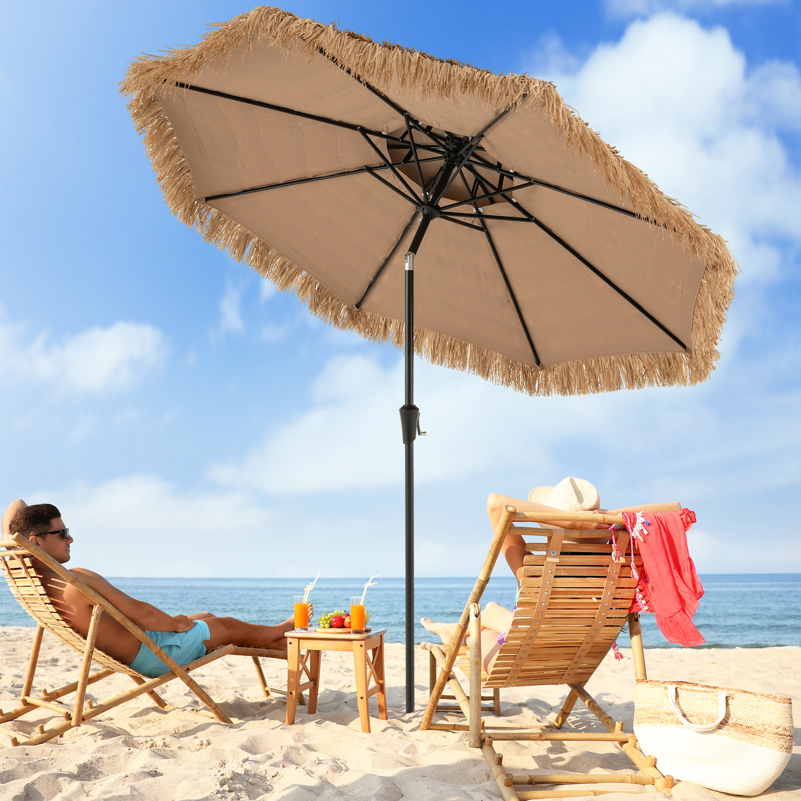 247 Cm High Hawaiian-style Parasol, Thatched Patio Umbrella With 8 Ribs, Crank Handle And 35° Tilt, Umbrella For Beach, Garden, Pool Area, Nature