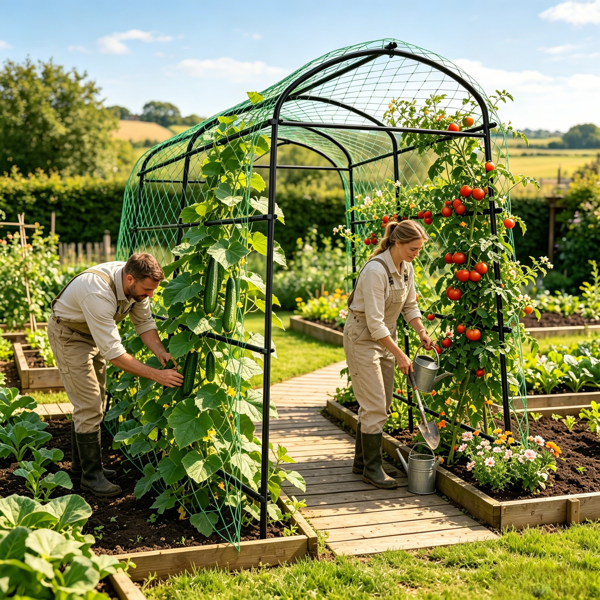 Image of 2.2m Heavy Duty U-shaped Garden Trellis, Premium Nylon Netting, Rust-resistant Metal Plant Support For Cucumber, Beans, Tomatoes, & , Vertical Climbing Frame For Pot & Ground Planting