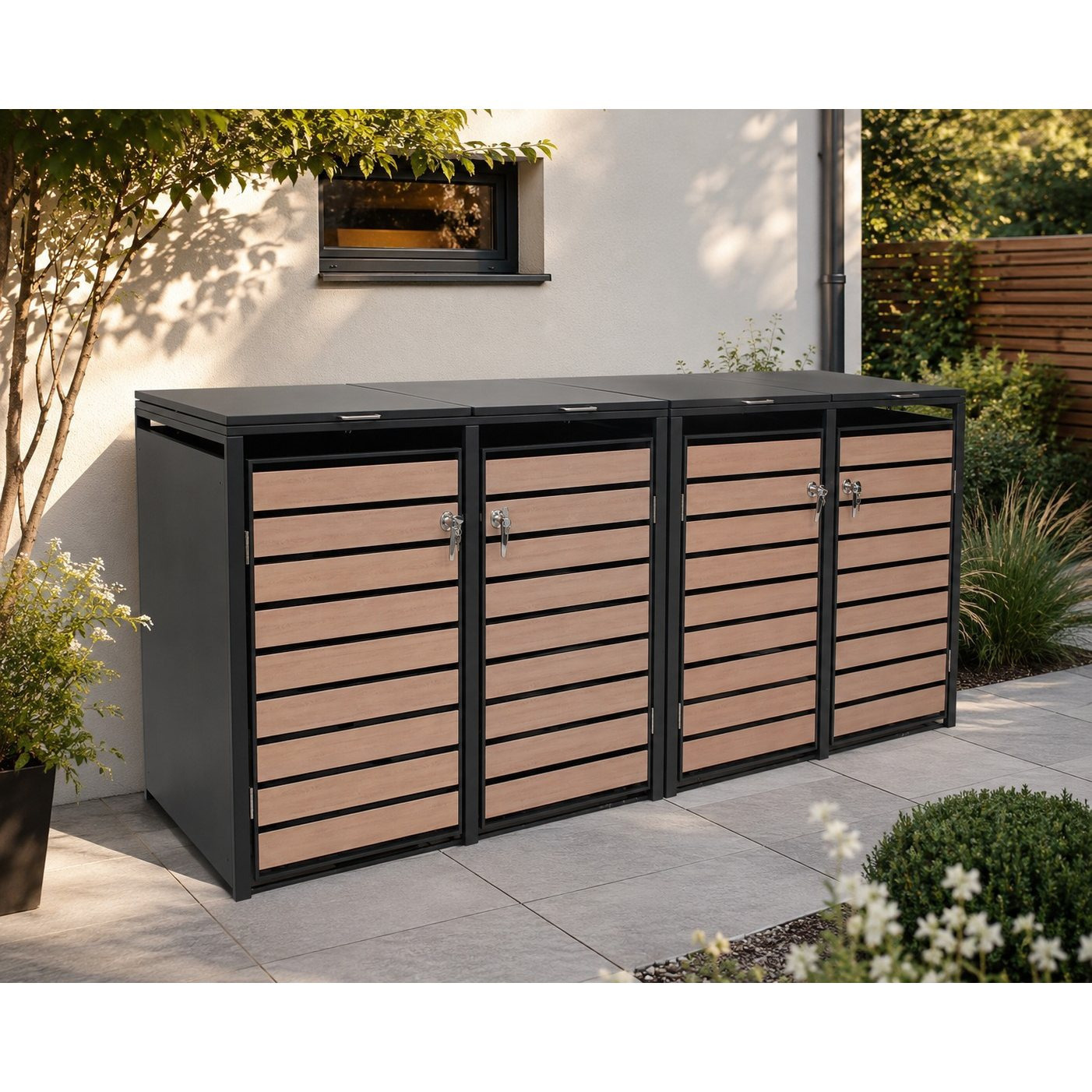 Image of Steel Trash Can Enclosure With Wood-look Doors, 264x80x116cm, For 4x 120 And 240 Liter Bins