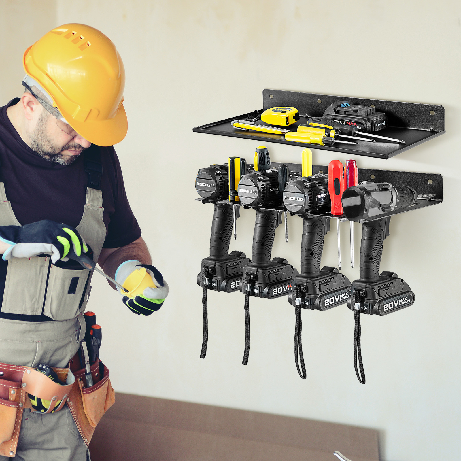 Electric Drill Storage Rack, Wall Mounted Drill Holder & Floating Shelf, Power Tool Organizer, Utility Storage Rack For Drills, Suitable For Garage, Workshop, Warehouse