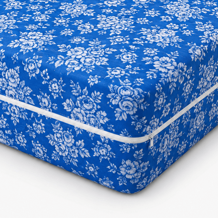TEMU Protector de Colchón con Cremallera en L, Completa, Ajuste 27 cm, Estampado Floral Azul, para Cama 80/90/105/135/150/160/180/200