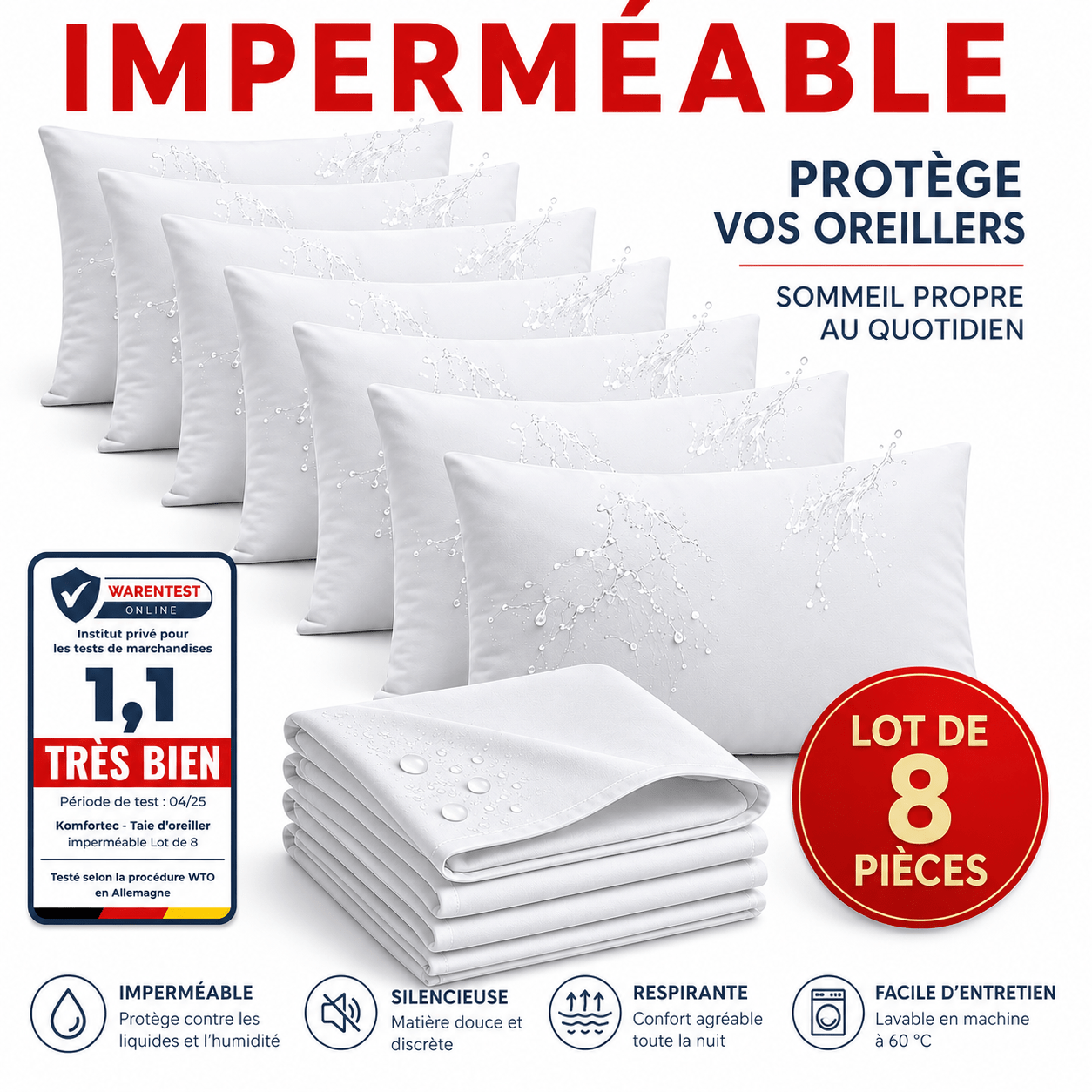 TEMU Ensemble de 8 taies d'oreiller étanches avec fermeture éclair, protection d'oreiller respirante, douces, réduisant le bruit et faciles