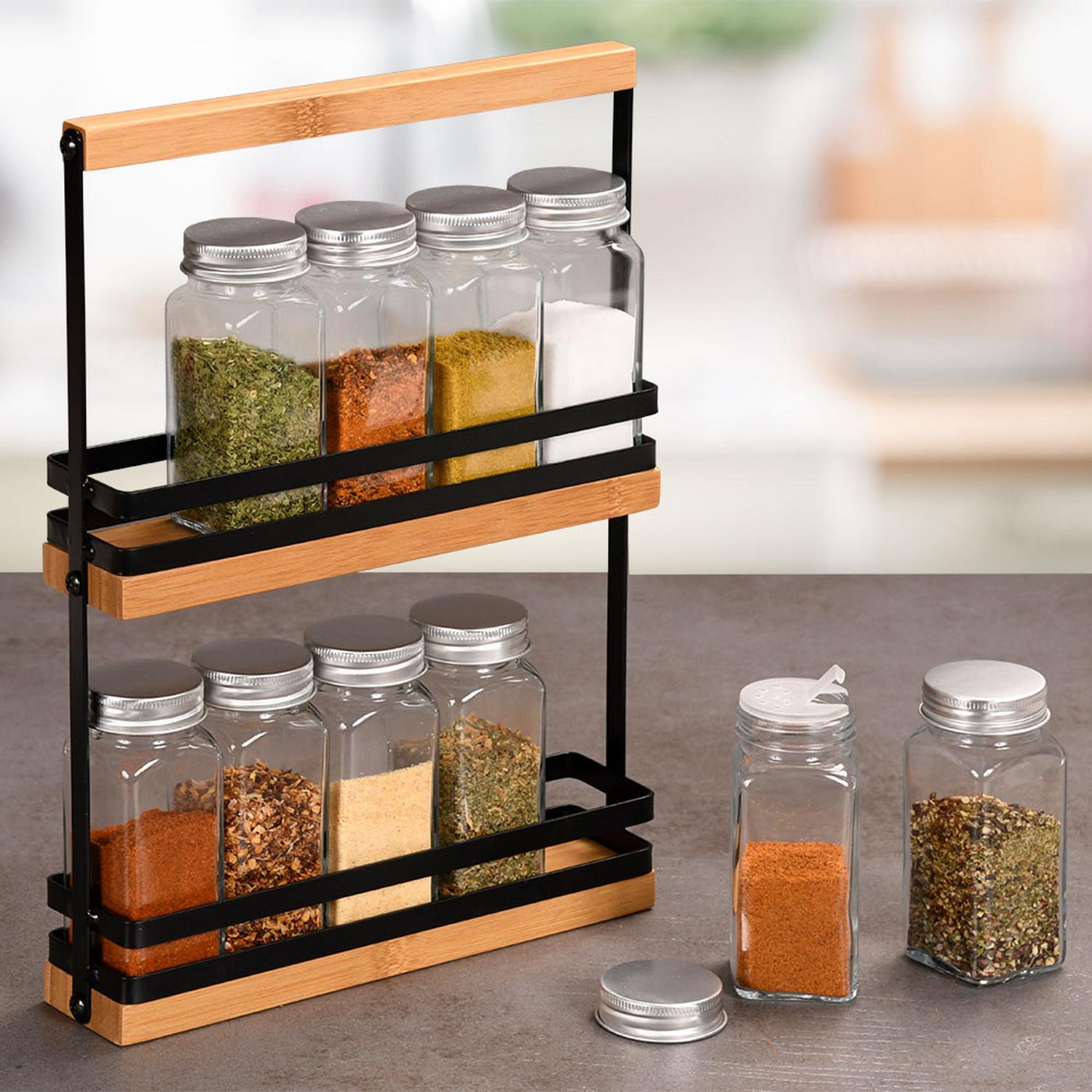 Image of Kesper Spice Rack With 10 Spice Jars 23 X 32 X 5.5 Cm Spice Stand Spice Rack | 2 Levels | Refillable Jars | Spice Holder Spice Container Spice Dispenser Rack For Spices