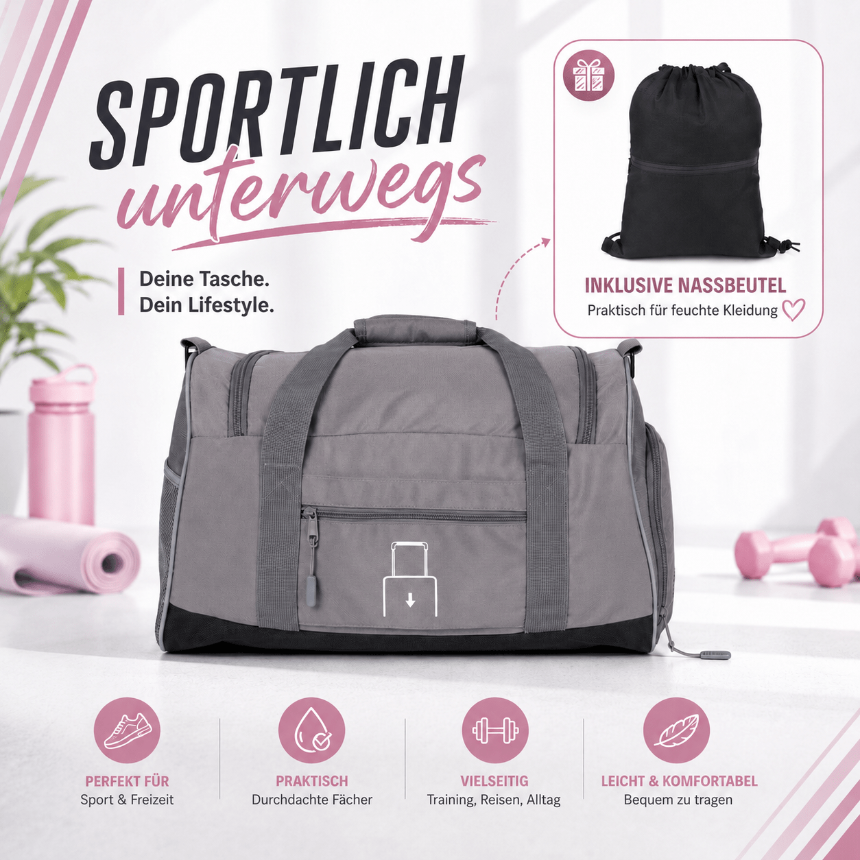 Travel Bag & Sports Bag Small With Shoe Compartment – 45x25x23 Cm | Lightweight Weekend Bag With Shoulder Strap (3 Colors: Pink, Grey, Khaki)