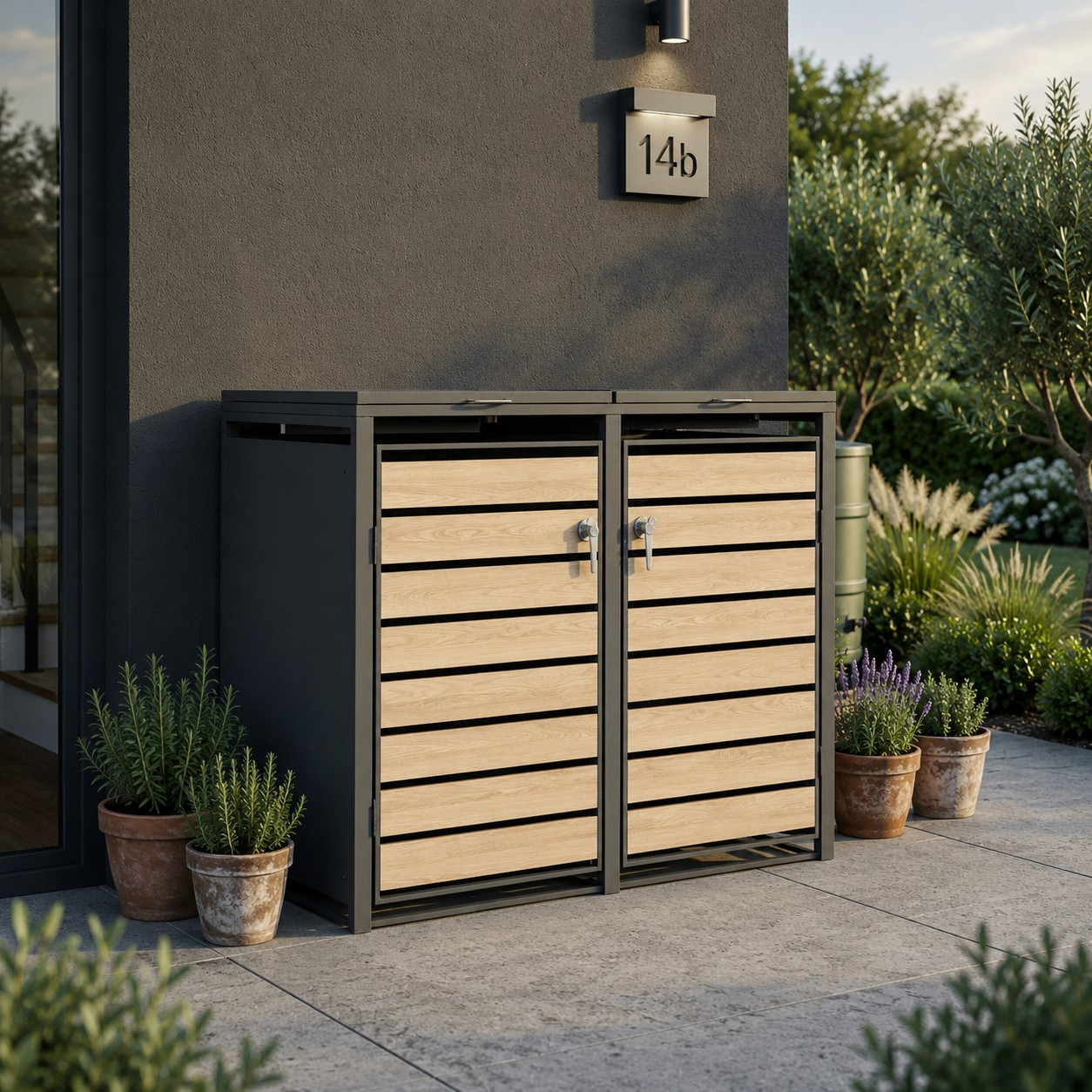 Steel Trash Can Enclosure With Wood-look Doors, 132x80x116cm, For 2x 120 And 240 Liter Bins