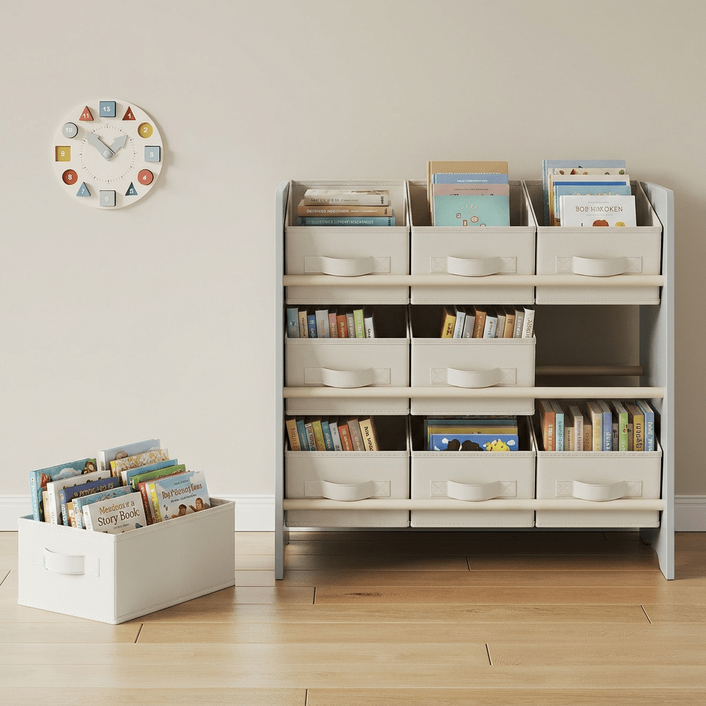 Bookshelf, Shelf With 9 Storage Boxes Made Of Fleece, Home Office, Spacious, X 62.5 X 60 Cm
