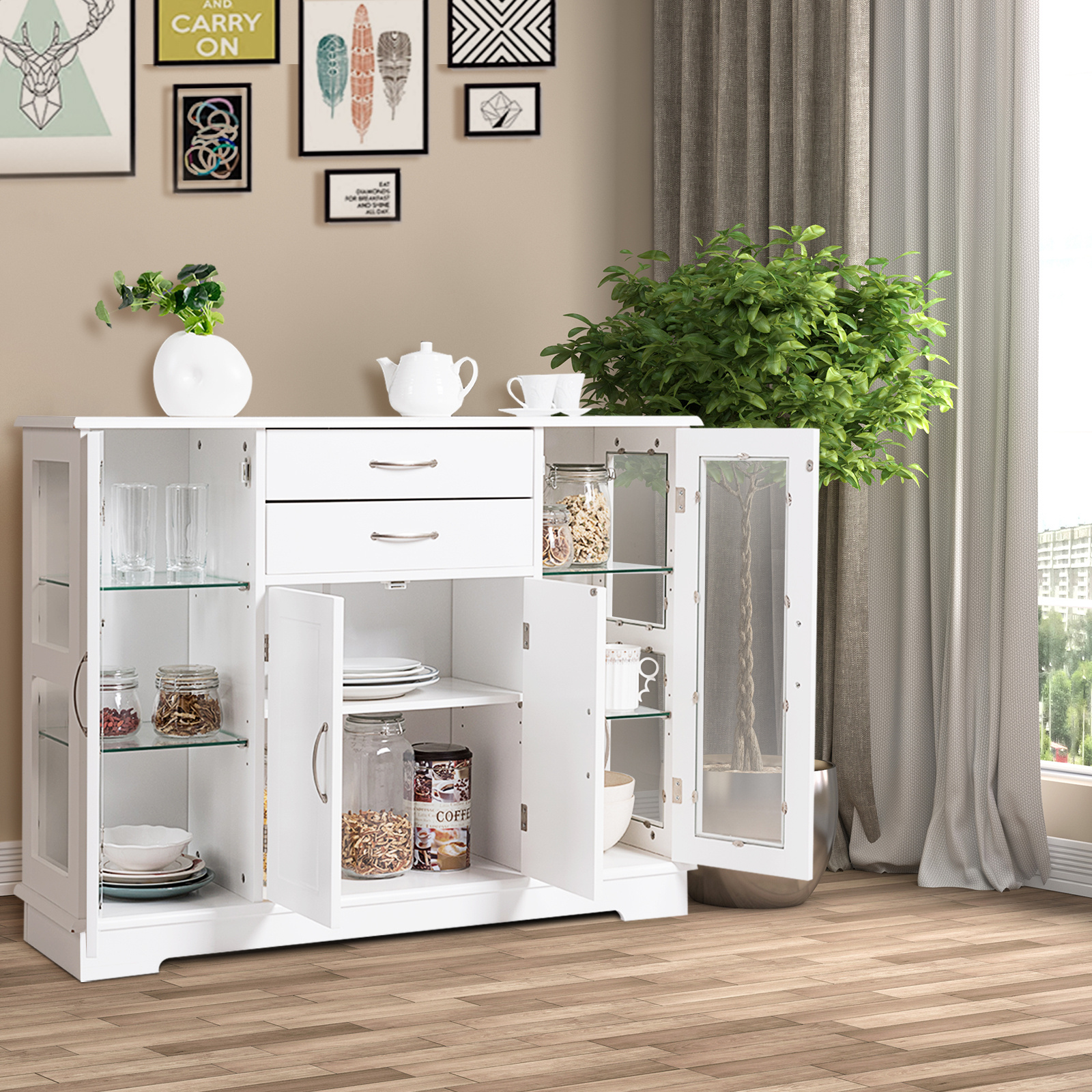 Image of White Sideboard, Kitchen Cabinet Storage Cabinet With Tempered Glass Doors And Drawers, Wooden Side Cabinet, Buffet Cabinet For Dining Room, Kitchen, 107 X 30 X 82 Cm (white)