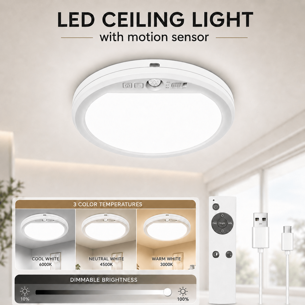 4packs/ 2packs Led Ceiling Light Flat Dimmable With Motion Sensor & Remote Control, 3000k / 4500k / 6000k, Timer Function And 5000mah Battery, Ultra Lamp For Hallway, Stairs, Balcony