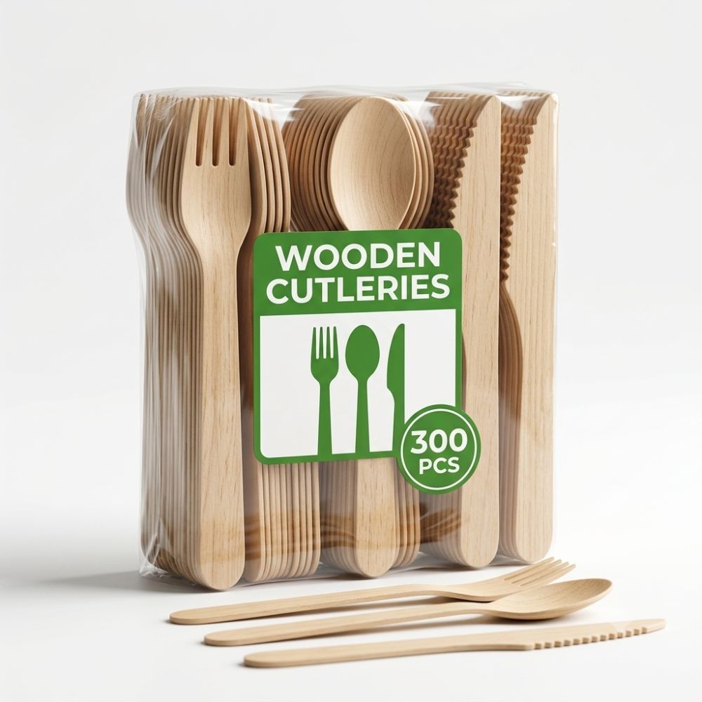 TEMU 300 Pack Wooden Disposable Cutlery Set With 100 Forks, 100 Knives And 100 Spoons - Wooden Utensils For Bbq Camping Parties, Weddings