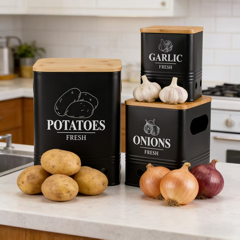 Storage Container Potato Pot 3pcs Set, Potato Storage Box, With Ventilation Holes, For Potatoes, Vintage Design Pot, Onion, Garlic Storage Kitchen