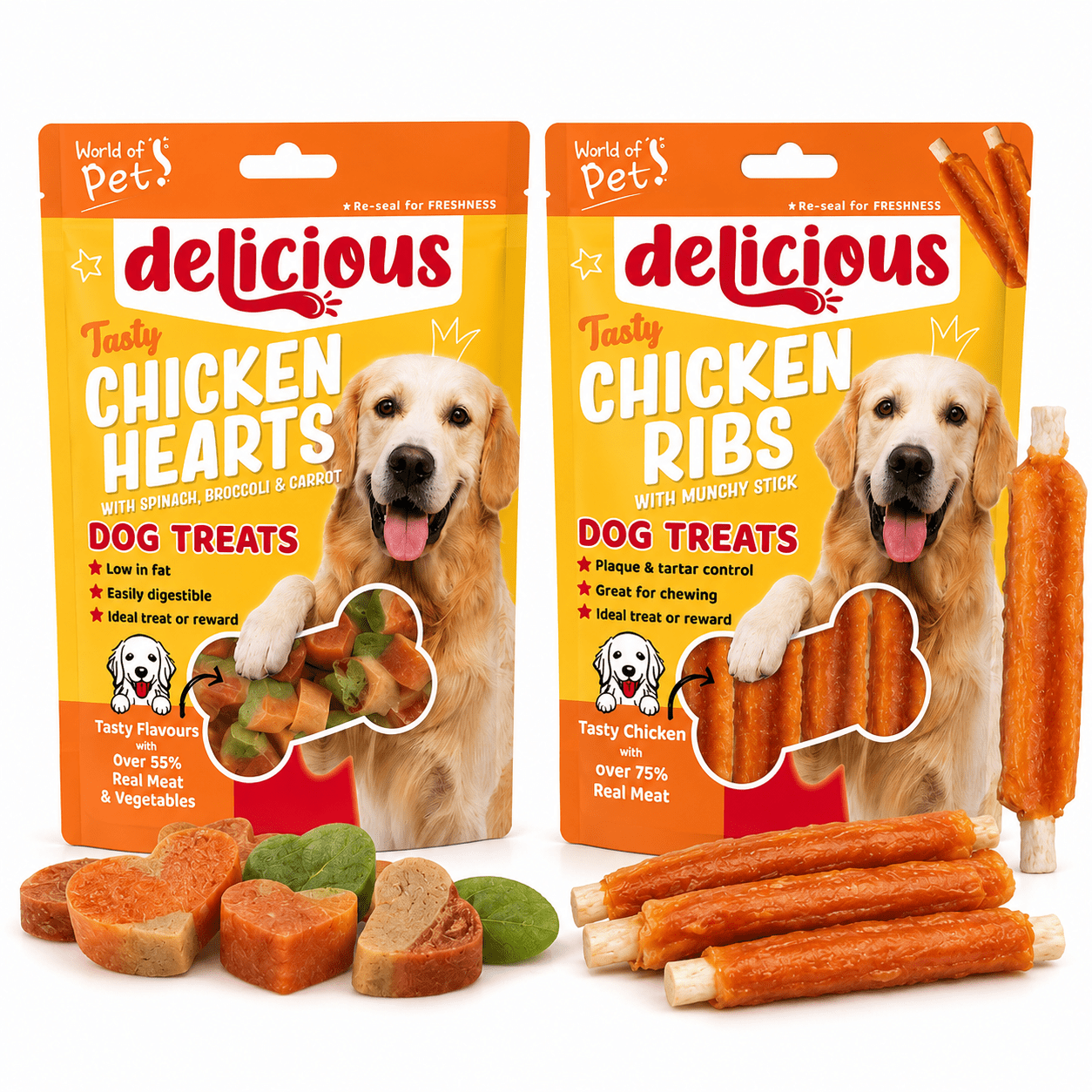 TEMU Pack Of 2 Pets Dog Treat Bundle | Chicken & Vegetable Heart Treats & Chicken & Rib Dog Treats 5pcs | Reward Snacks