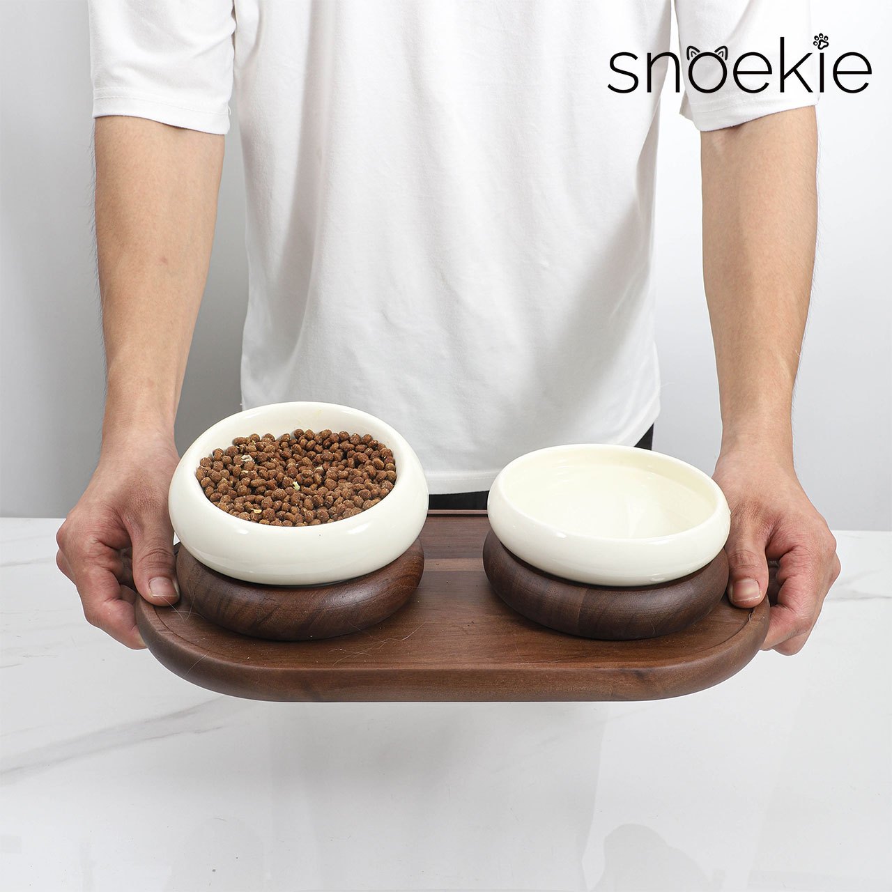 Elevated Porcelain Double Bowl Set With Wooden Stand – 36.5×19×11 Cm, Angled Design, Dishwasher Safe, High-temperature