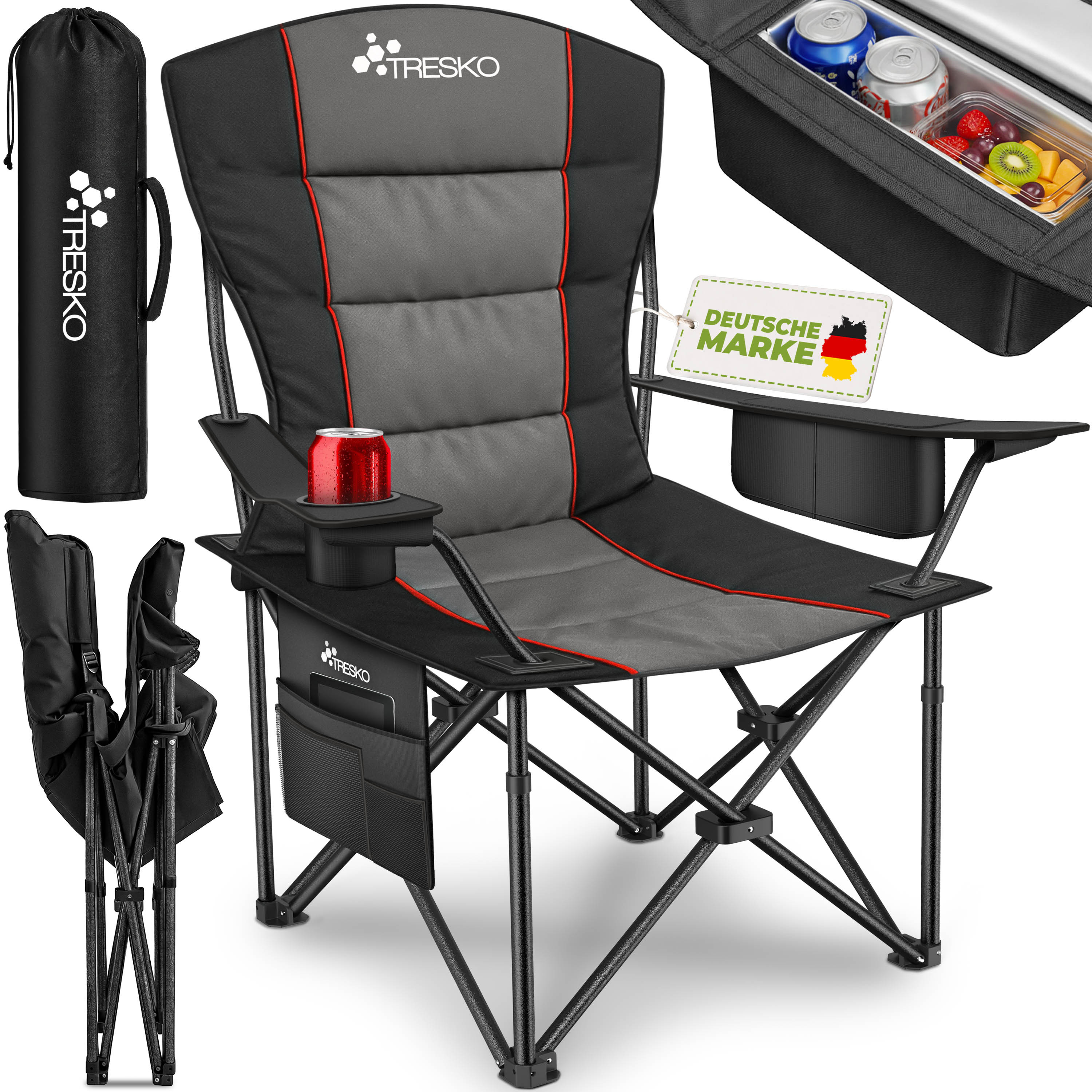 TEMU TRESKO® Chaise de camping pliable jusqu'à 150 kg | Chaise de pêche à haut | Chaise pliante avec accoudoirs et porte-gobelet | Chaises de camping