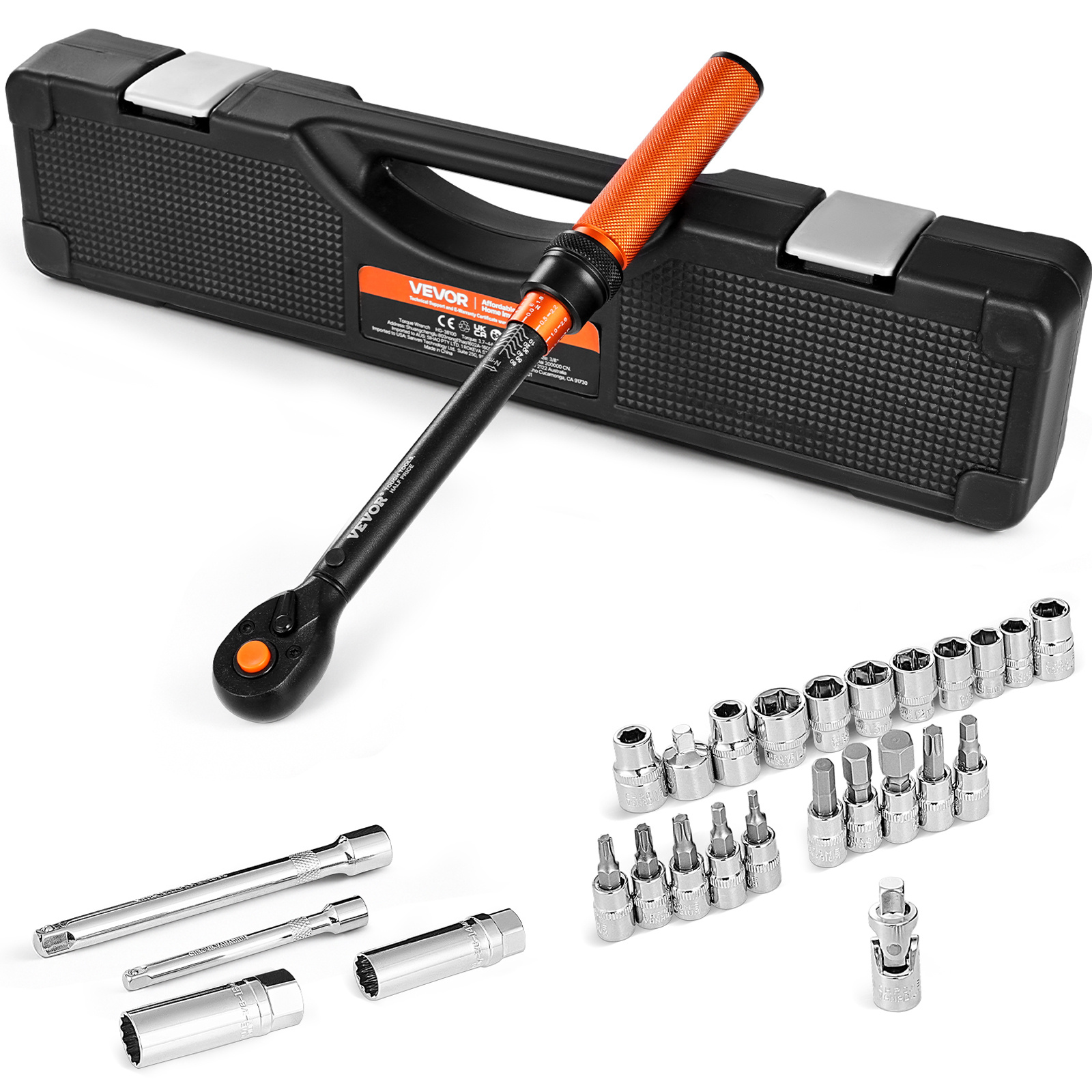 Image of Vevor Click Torque Wrench Set, 3/8 Inch Drive, 5-60 N.m/3.7-44.3 Lbf.ft, Dual-, 72-tooth, ±3% Precision, With Sockets, Bits, Extension Bar, Spark Plug Sockets, Adapter, For Automobile Repair
