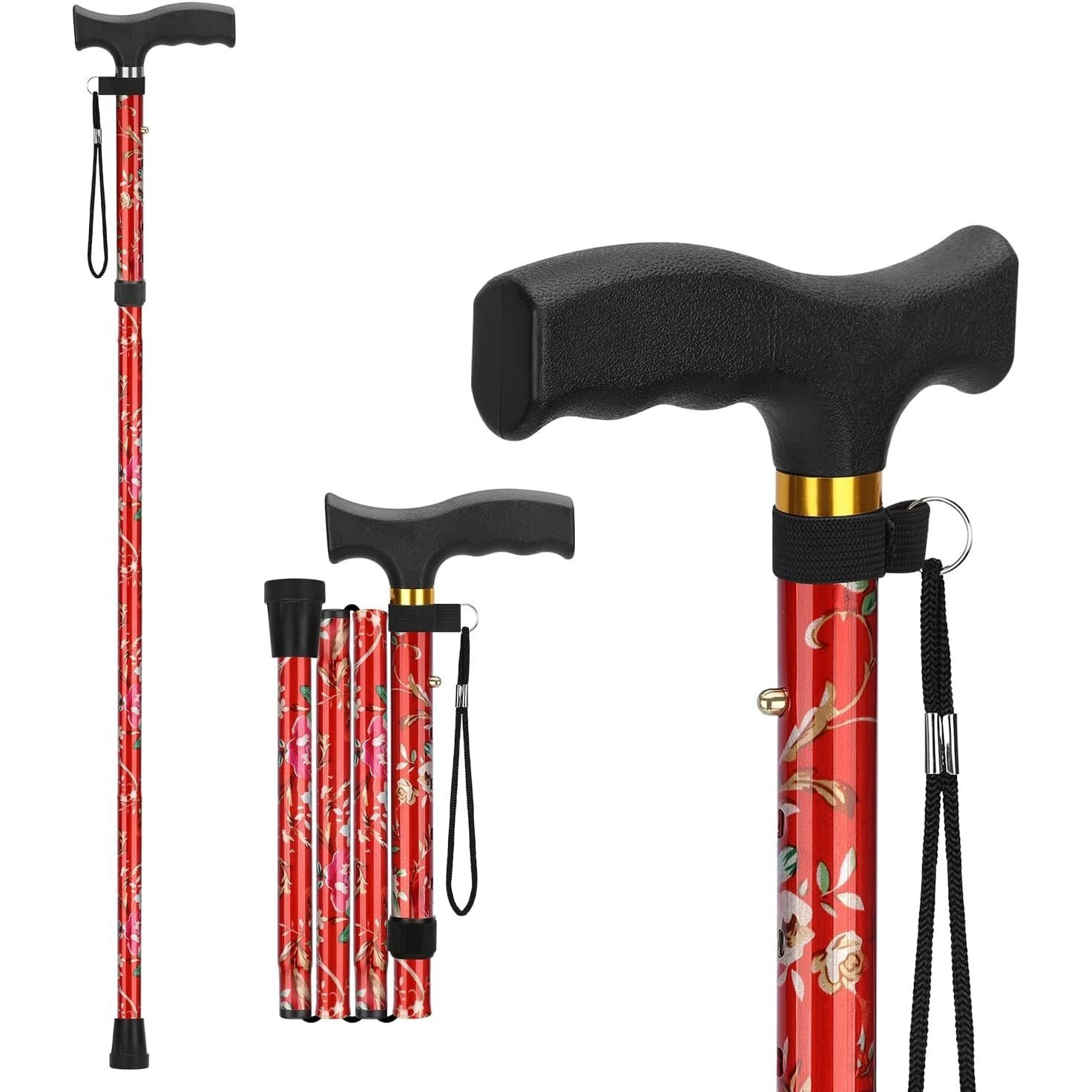 TEMU Red Floral Print Lightweight Walking Stick, 4-section Ultralight Adjustable Folding Crutch, Ergonomic Handle Non-slip High Quality Foldable,