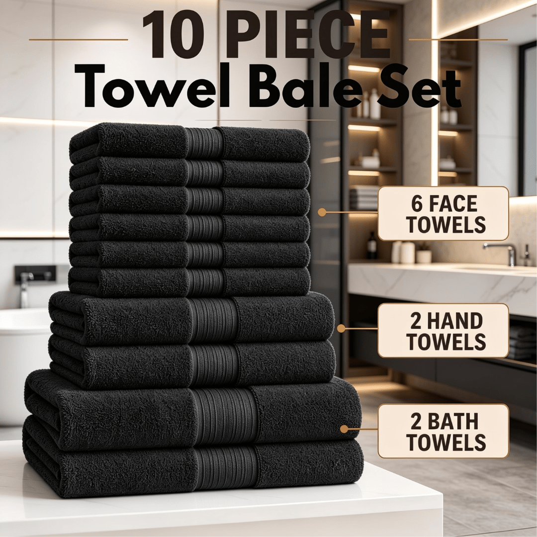 TEMU Premium 100% Cotton Towel Bale 10pcs | 2 Bath 130×70cm, 2 Hand 50×80cm, 6 Face 30×30cm | Luxury Absorbent Towels |