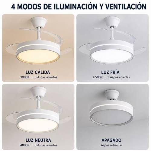 ventilador de techo con luz led silencioso - 6 velocidades ajustables, 3 temperaturas de color (3000k-6500k), motor reversible silencioso