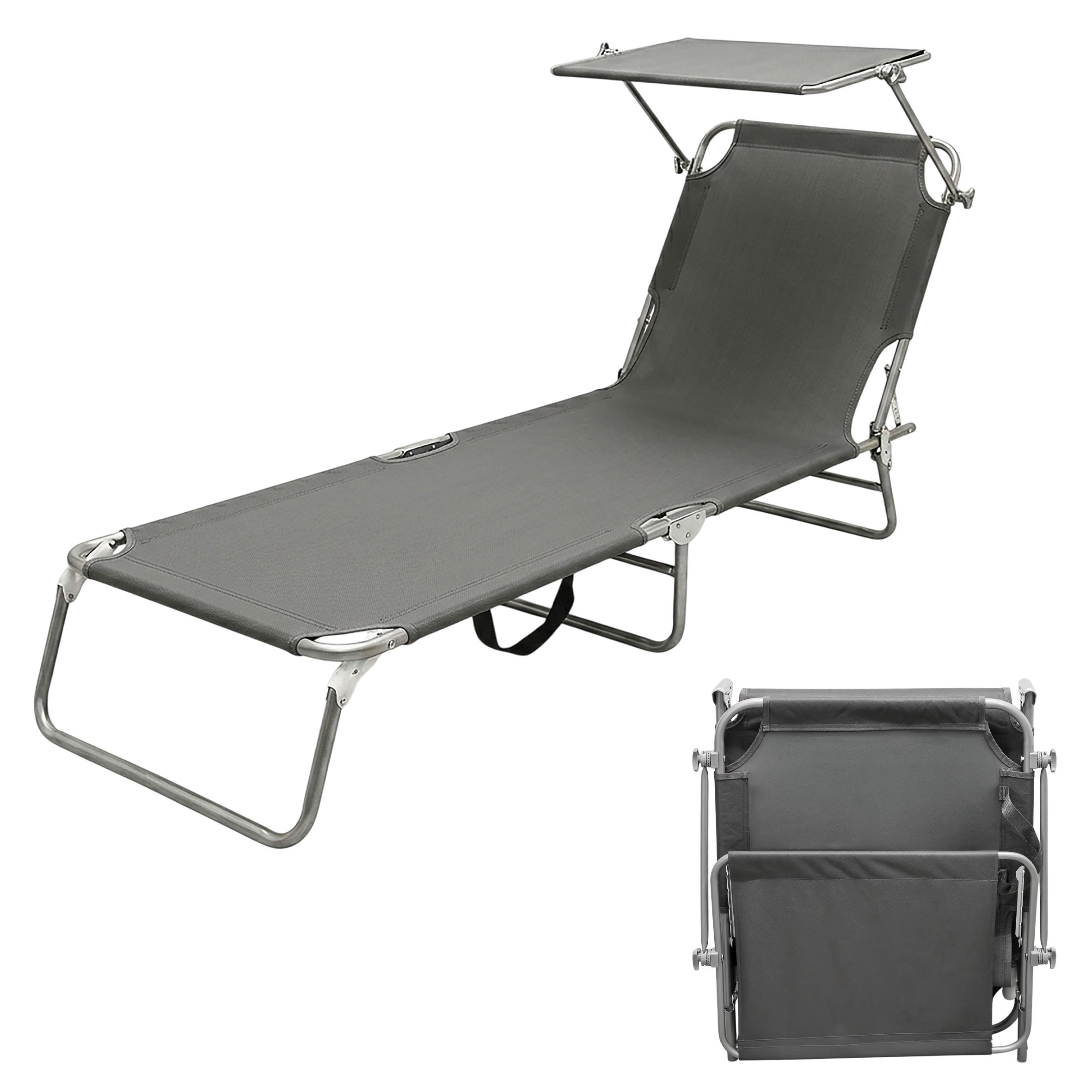 3-leg Folding Garden Lounger With Sun Canopy - Dark Grey - Relax Sun Lounger With Adjustable Backrest