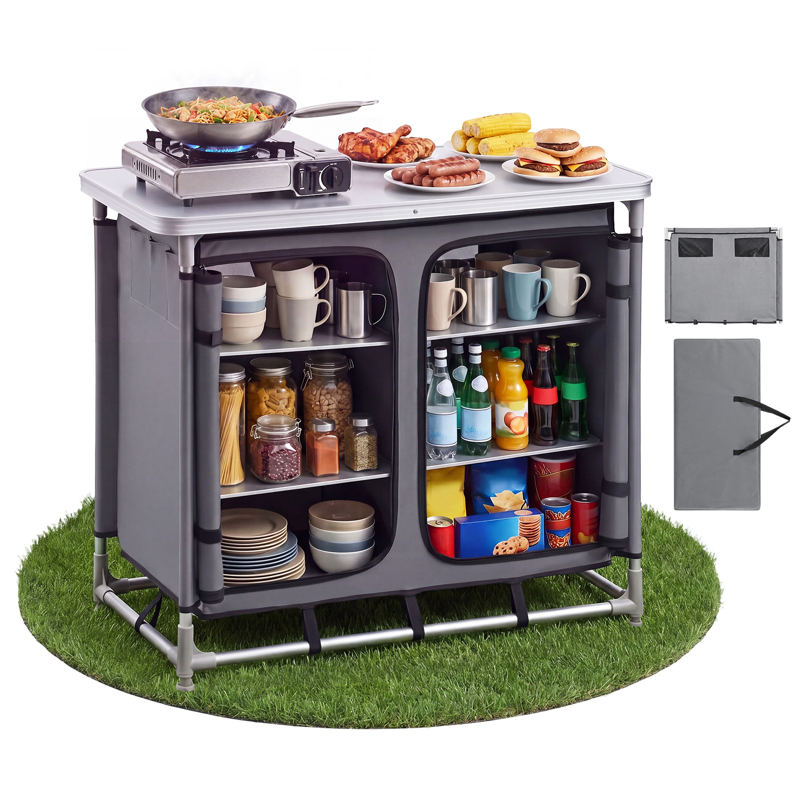 TEMU VEVOR Mueble de Almacenamiento para Camping, Mesa Portátil de Aluminio para Exteriores, Estación de Cocina de Montaje Rápido, con 6 Estantes y