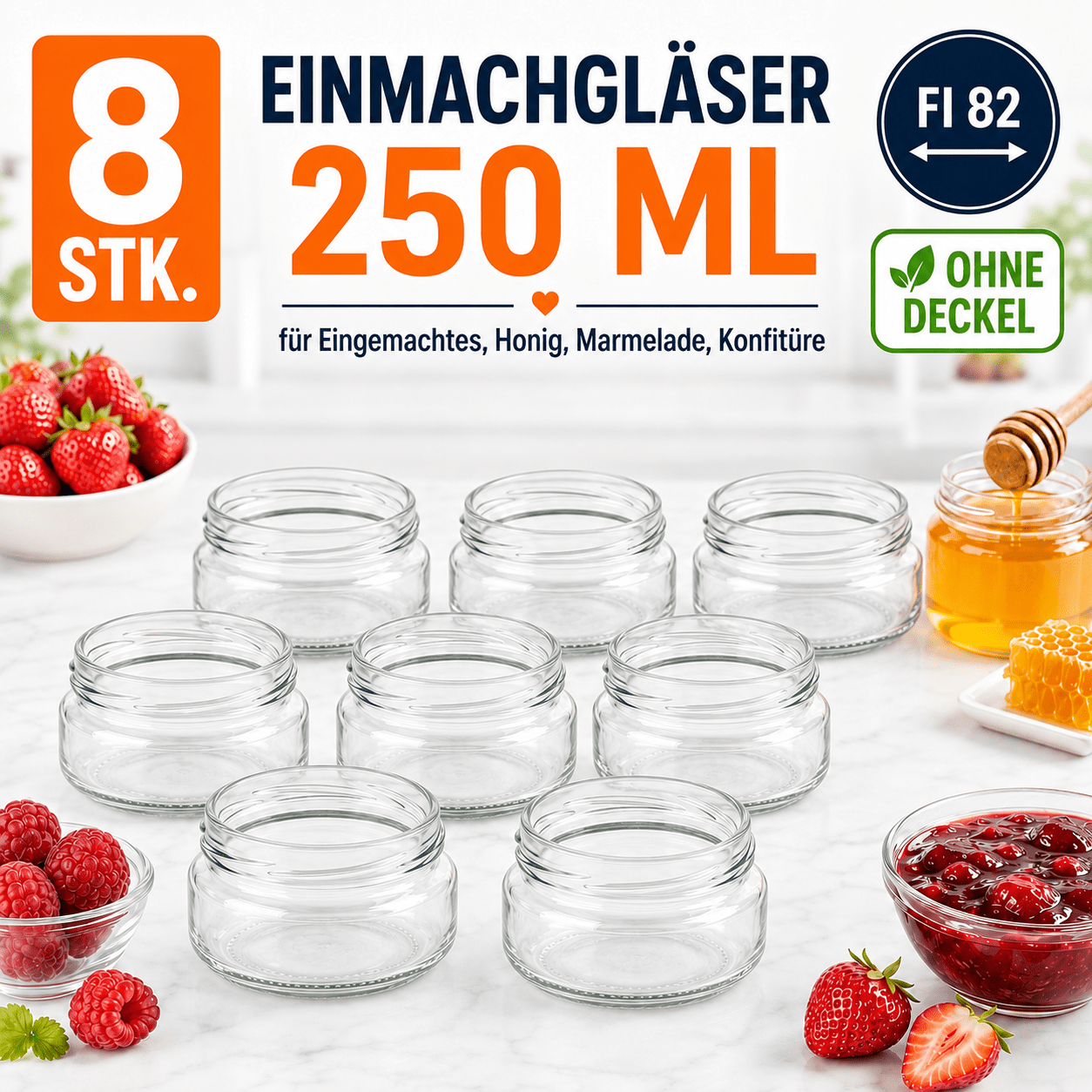 Image of Set Of 8 Glass Jars, 250 Ml, For , Jam, Honey, Marmalade, Sauces, And , Clear Jars For Kitchen, Pantry, And Diy, Fi 82 Mm Thread, Without Lids
