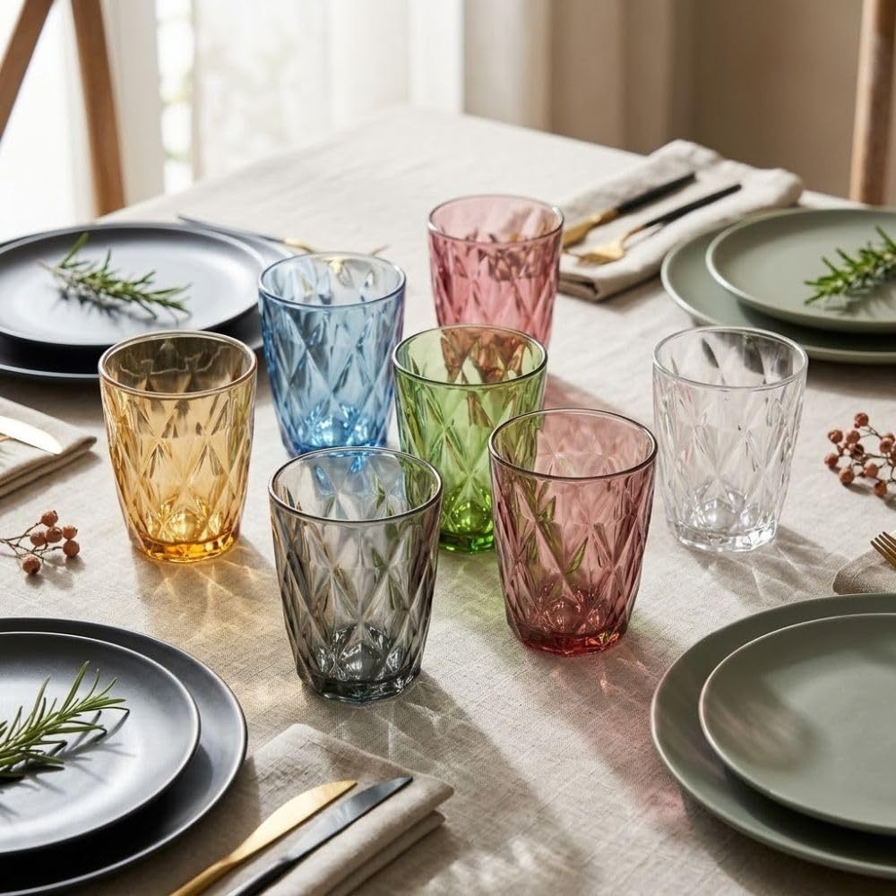 Image of 6 Colorful Multicolored And Water Glasses For Daily Use, Set Of Water And Drink Glasses, 280ml Glasses