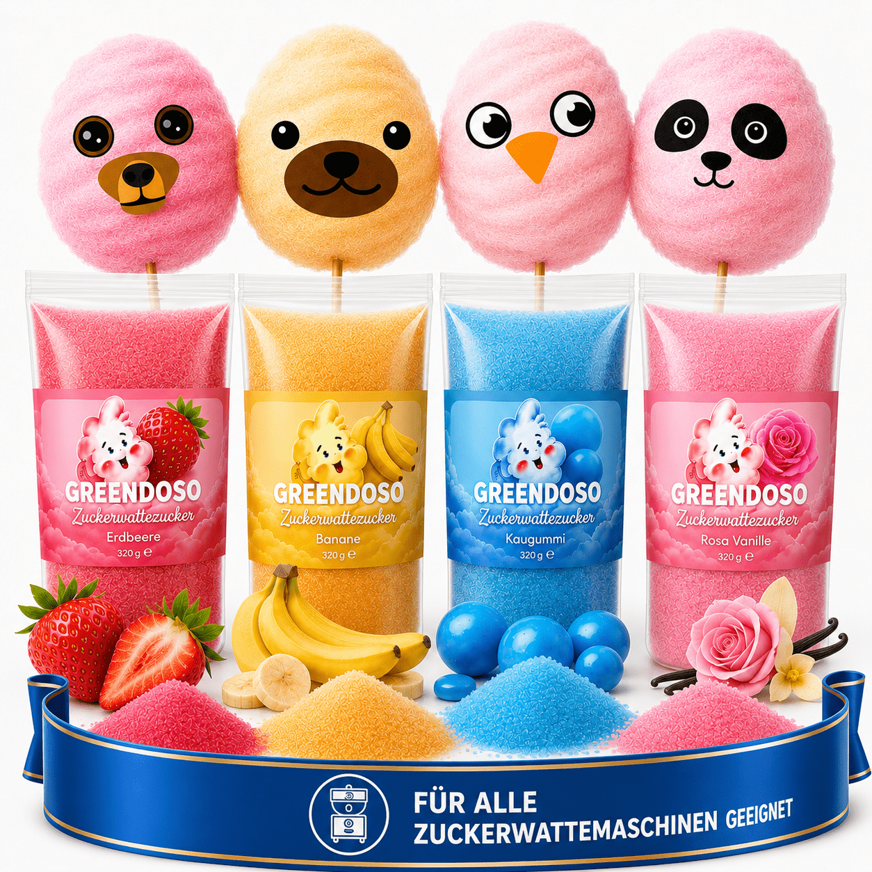 Image of Cotton Candy Sugar For Machine (4x320g) – Set With 4 Original Flavors (banana/strawberry/bubblegum/rose-vanilla) – 50 Sticks + Wafer Decorations