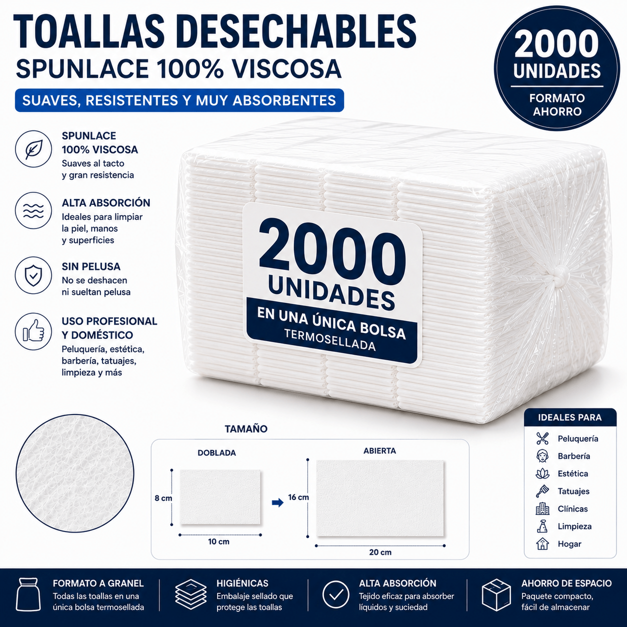 TEMU Toallas Desechables Spunlace 100% Viscosa – 20 × 16 cm – Packs de 1000 y 2000 Unidades – Absorción – Uso Profesional y Doméstico