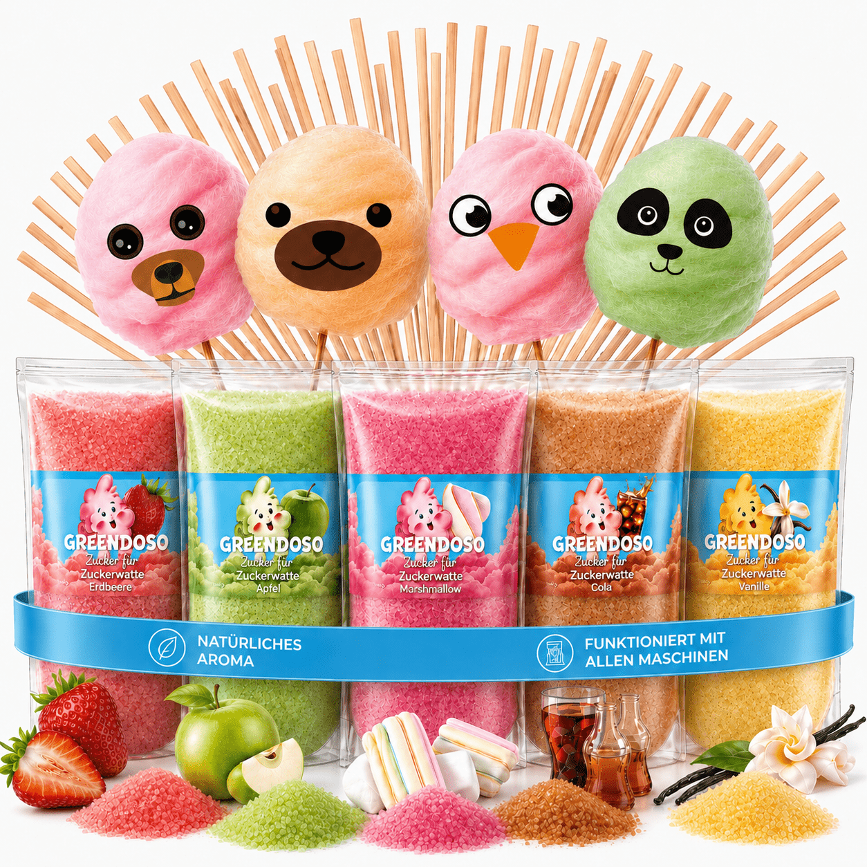 Image of Cotton Candy Sugar With Natural Flavors (5x300g) – Set With 5 Flavors (strawberry/cola/ /marshmallow/vanilla) – 50 Sticks + Wafer Decorations