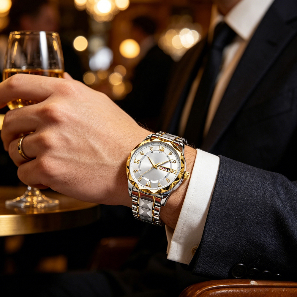Men's Alloy Stainless Steel Case Wrist Watch with Week Date Display
