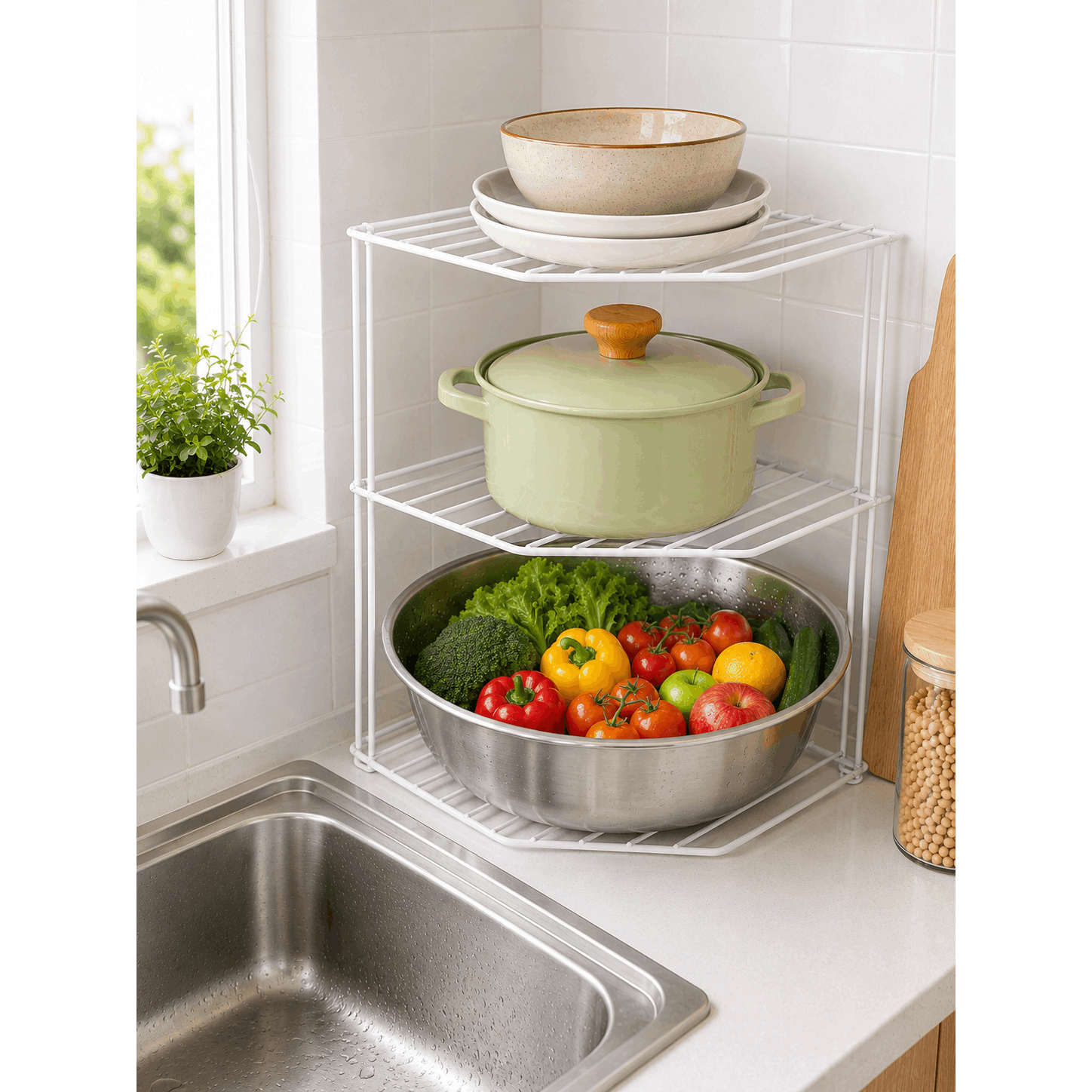 TEMU Estantería Esquinera de Cocina de 3 Niveles, Organizador Metálico para Encimera, Gran Capacidad, de Multiusos