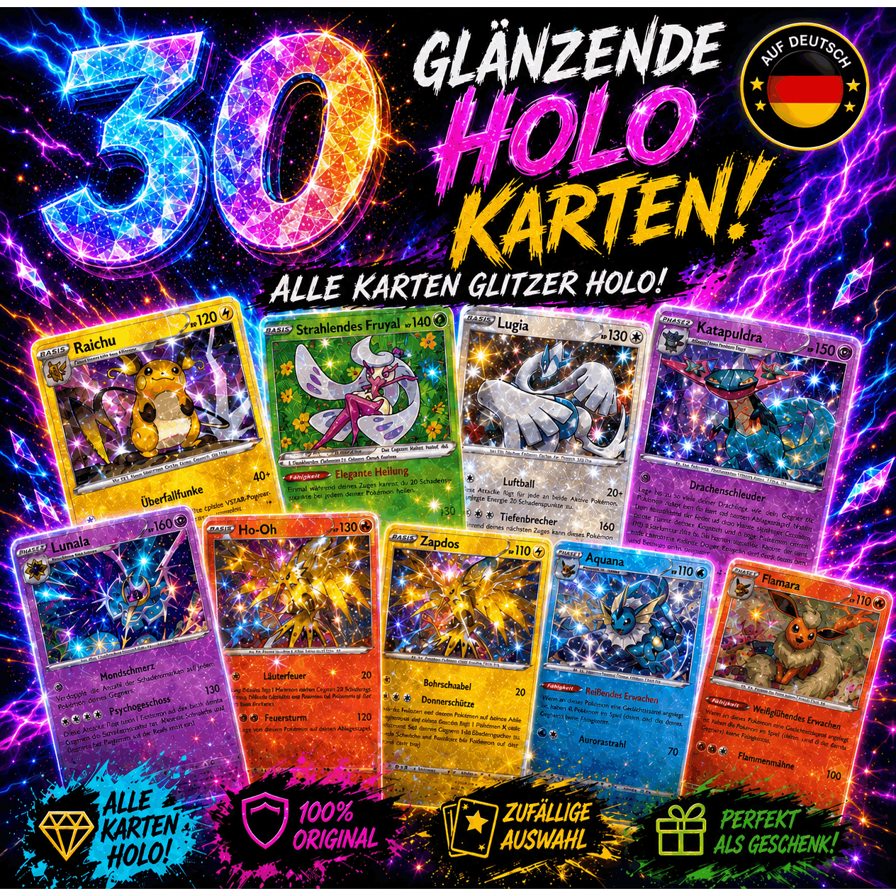 30 Pokémon Cards German ⭐ 100% Original Glitter Cards | Random Collection | Perfect For Collectors & Children's Gift