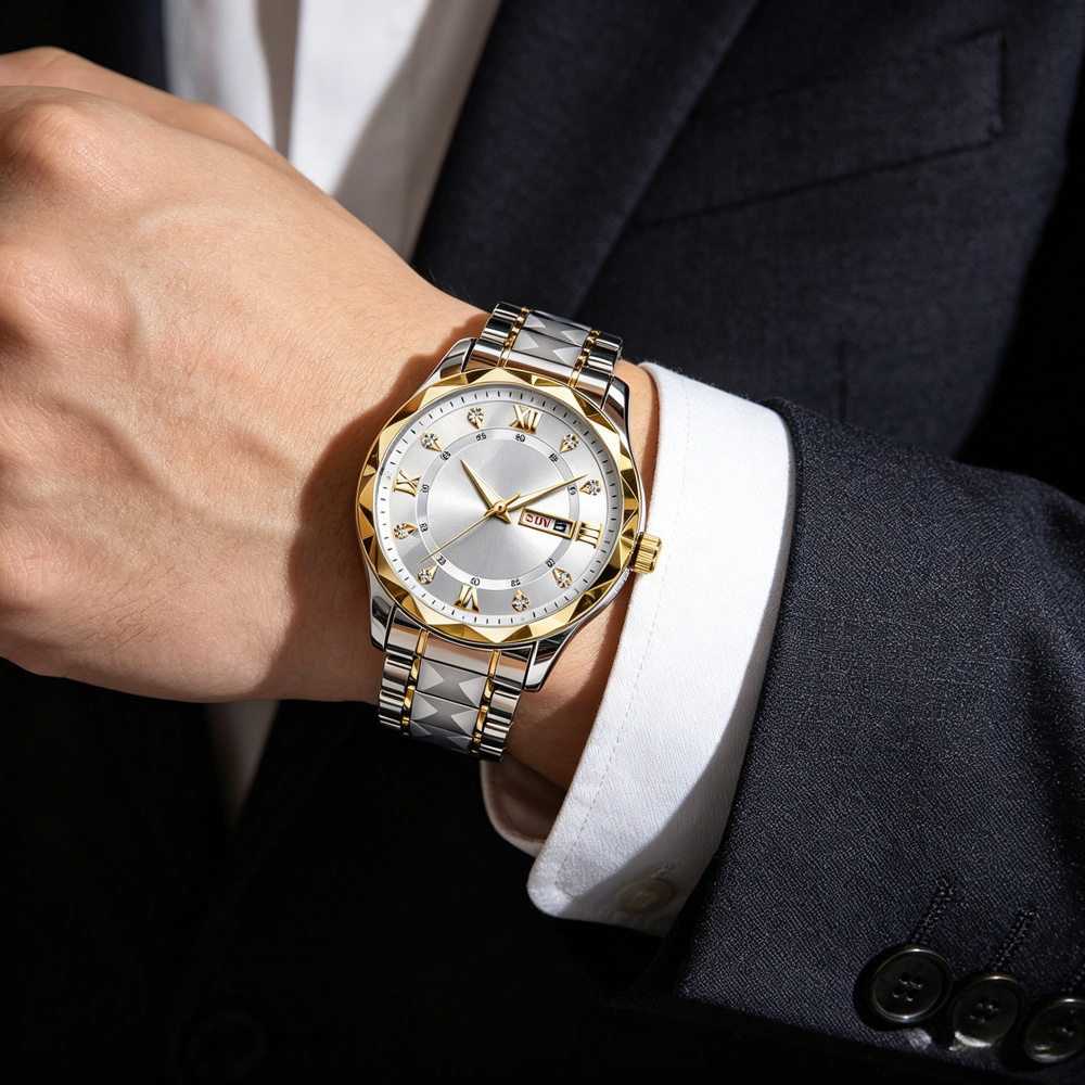 Men's Alloy Stainless Steel Case Wrist Watch with Week Date Display