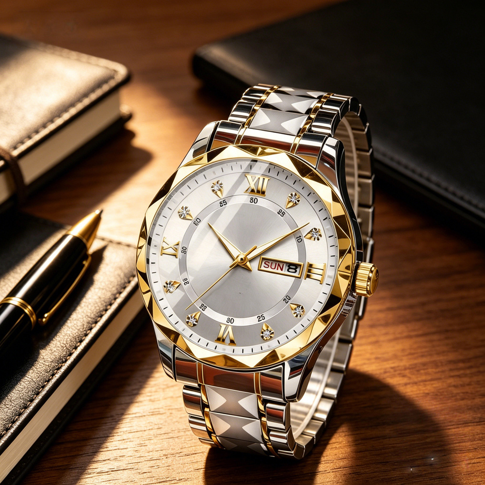 Men's Alloy Stainless Steel Case Wrist Watch with Week Date Display