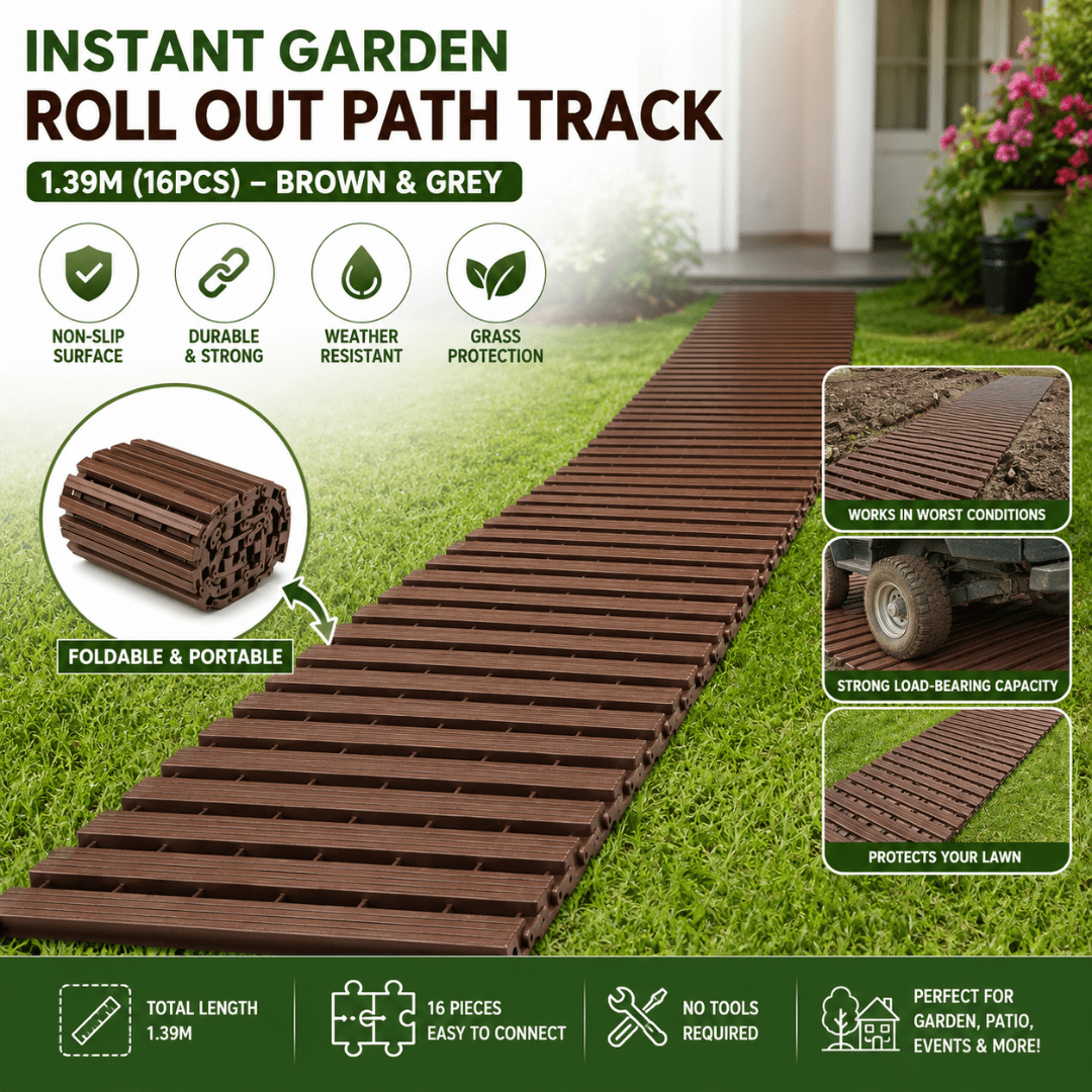 TEMU 1.39m Pathway, 16pcs Non-slip Portable Interlocking Walkway Track, Weather Resistant Foldable Lawn Grid Protector For Yard, Patio, Muddy Soil &