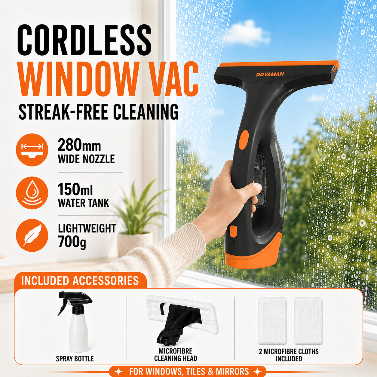 Dovaman Cordless , 30min , 280mm Wide Nozzle, 150ml Water Tank, Lightweight 700g Window Vacuum Cleaner With Spray Bottle & 2 Microfibre Cloths For Streak-free Cleaning On Windows, Tiles & Mirrors